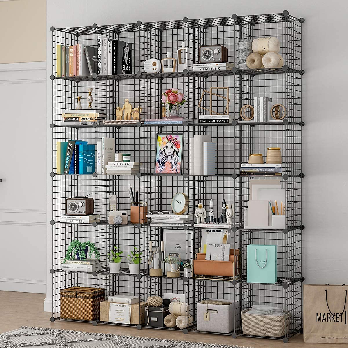 KOUSI DIY Wire Cube Storage Shelf - 30 Cube Black Modular Metal Grid Organizer for Closet, Bedroom, Office & Garage - Stackable Cubby Shelving Unit for Home Organization