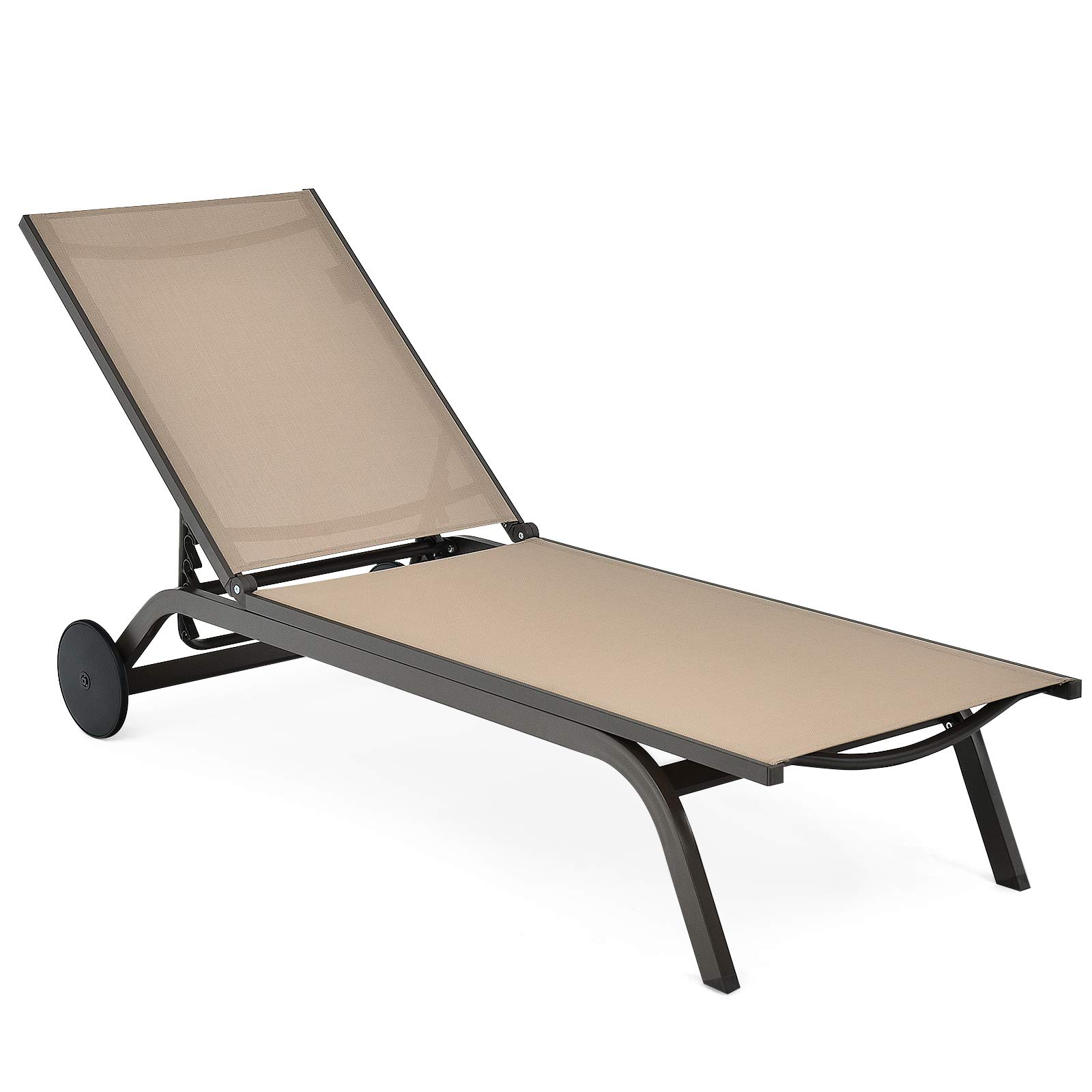 Giantex Adjustable Aluminum Patio Lounge Chair with 6-Position Recliner & Wheels - Outdoor Chaise Lounge for Beach, Poolside, Garden & Sunbathing (Brown) - Perfect for Relaxing by the Pool, Backyard Lounging & Outdoor Leisure