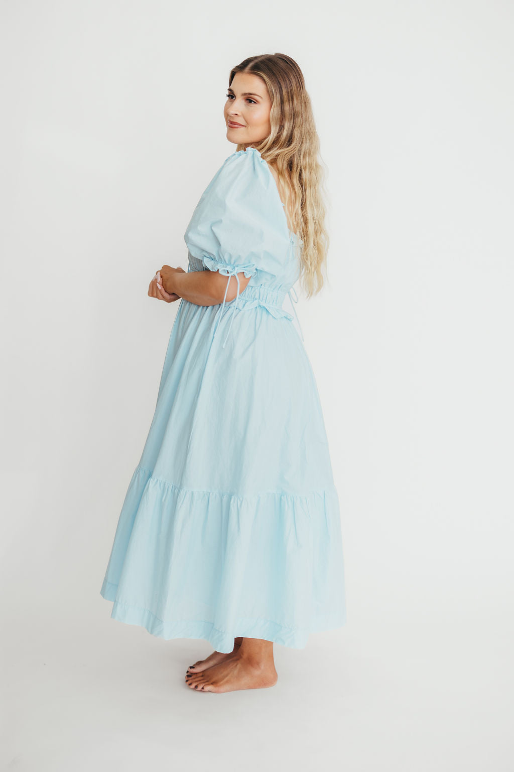100% Cotton Crissy Ruched Midi Dress - Baby Blue | Bump Friendly Maternity Dress for Pregnancy & Nursing | Perfect for Baby Showers, Maternity Photos & Casual Outings