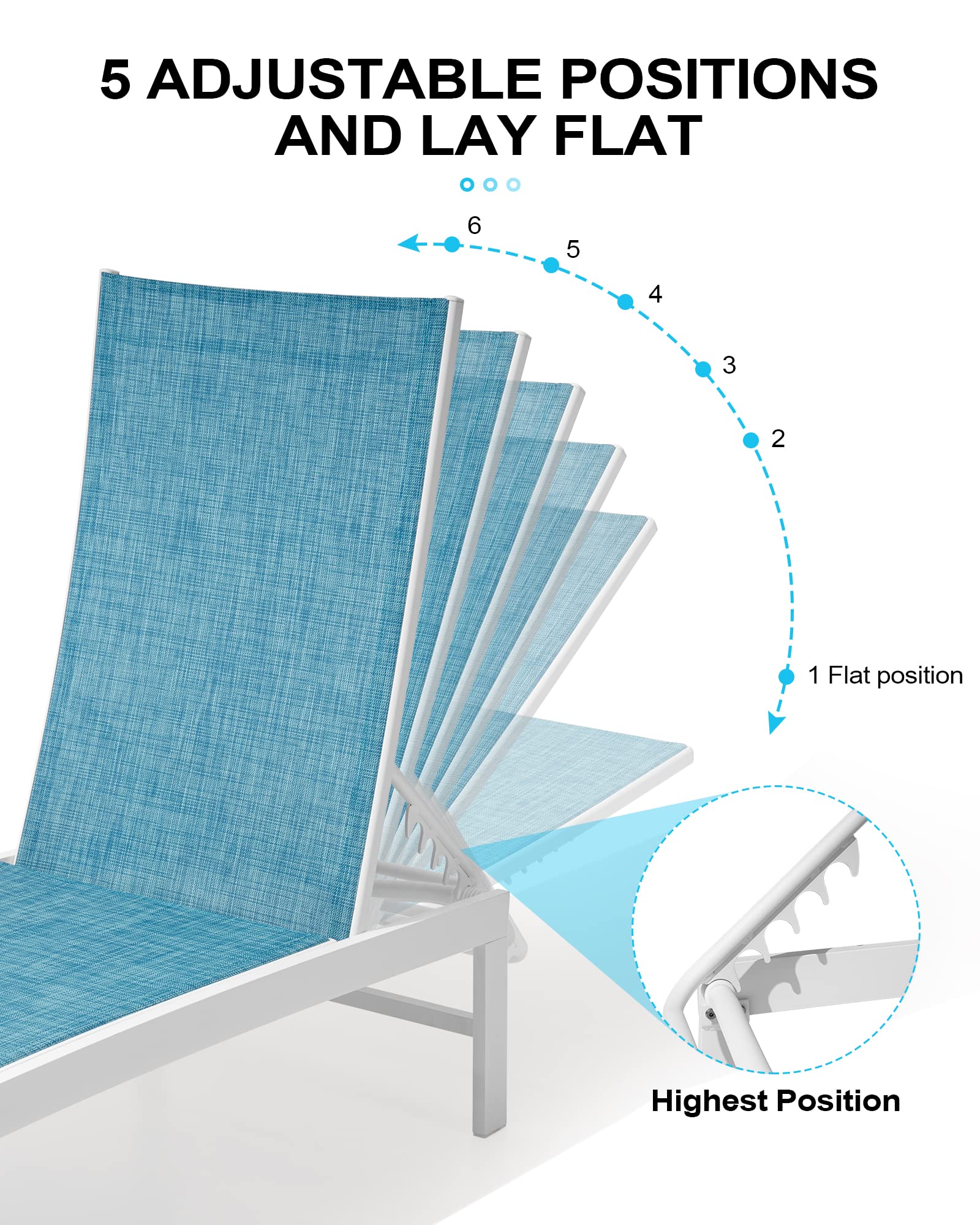 Crestlive Outdoor Lounge Chair Set of 2 - Aluminum Pool Chaise Lounge Chairs with 5-Position Adjustable Recliner, All-Weather Patio Furniture for Tanning, Beach, Yard & Poolside Relaxation (Blue) - Perfect for Sunbathing, Backyard Lounging and Outdoor Entertaining
