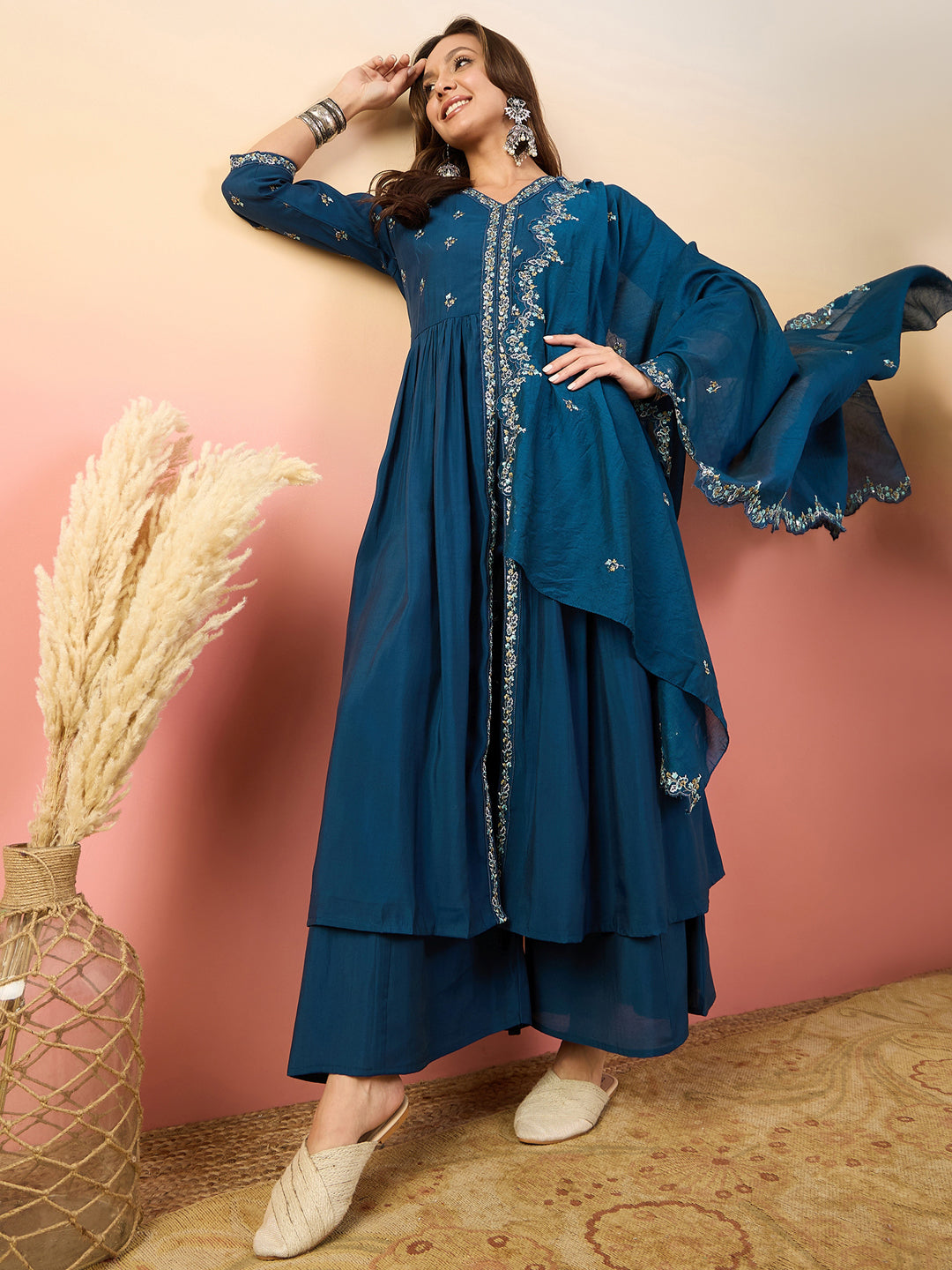Elegant Blue Embroidered Pant Suit for Women - Designer Ready-to-Wear Formal Outfit - Perfect for Weddings, Parties & Office Wear