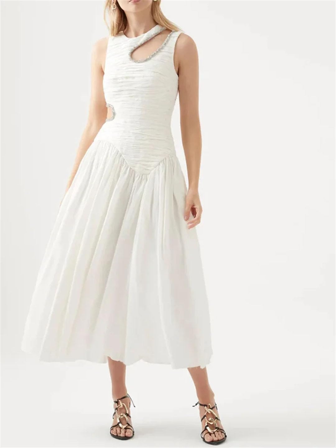 Elegant Sleeveless Hollow Pleated Maxi Dress for Women - Summer Beach Wedding Party & Vacation Outfit