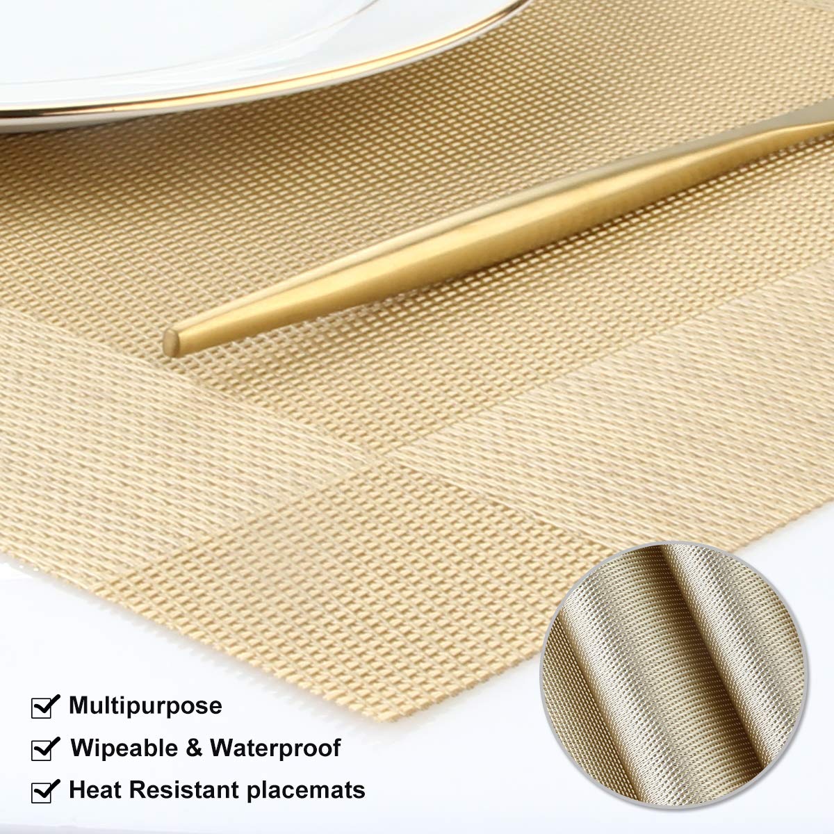 DACHUI Set of 6 Woven PVC Placemats for Dining Table - Gold, Washable & Durable Table Mats for Kitchen, Restaurant, and Home Decor - Perfect for Everyday Meals, Dinner Parties, and Holiday Gatherings