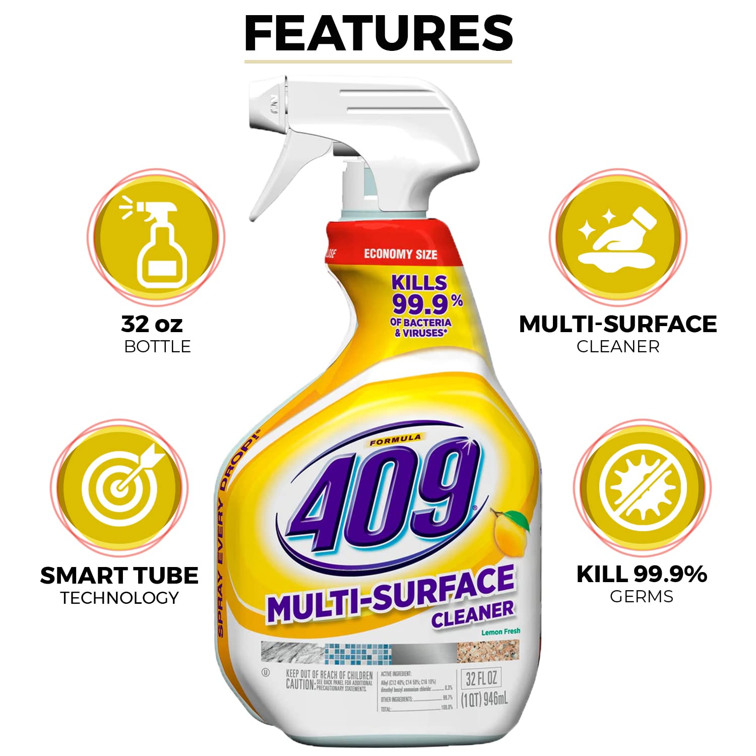 Original & Lemon Scent 409 Cleaner Spray Bundle - 32oz Each (64oz Total) | Multi-Surface Household Cleaning Kit for Kitchen, Bathroom, Countertops | Degreaser, Stain Remover & Disinfectant Spray for Home & Office Use