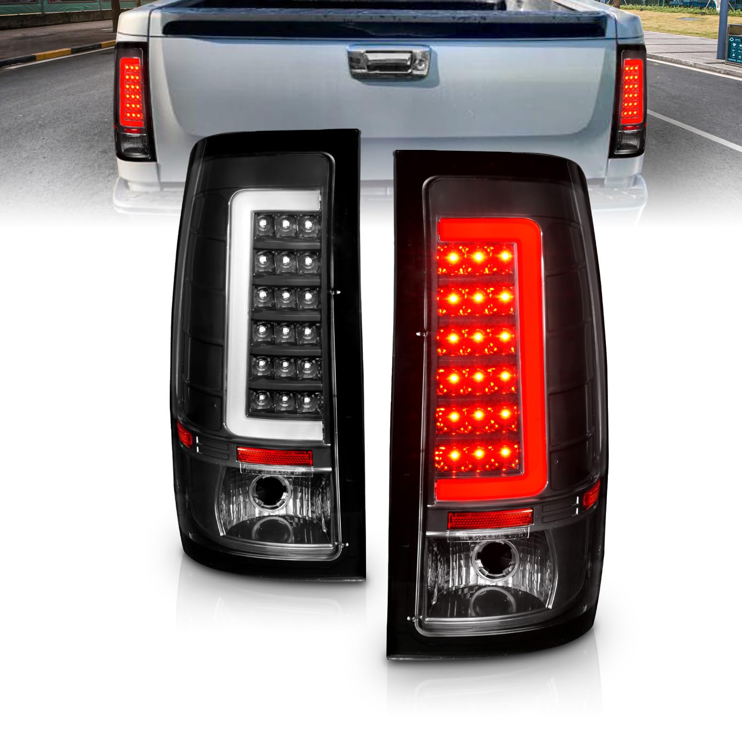 AmeriLite LED Tail Lights for 2007-2014 GMC Sierra 1500/2500HD/3500HD - C-Shape Black Taillight Assembly Pair (Driver & Passenger Side) - Durable & Bright Replacement for Enhanced Night Visibility & Style
