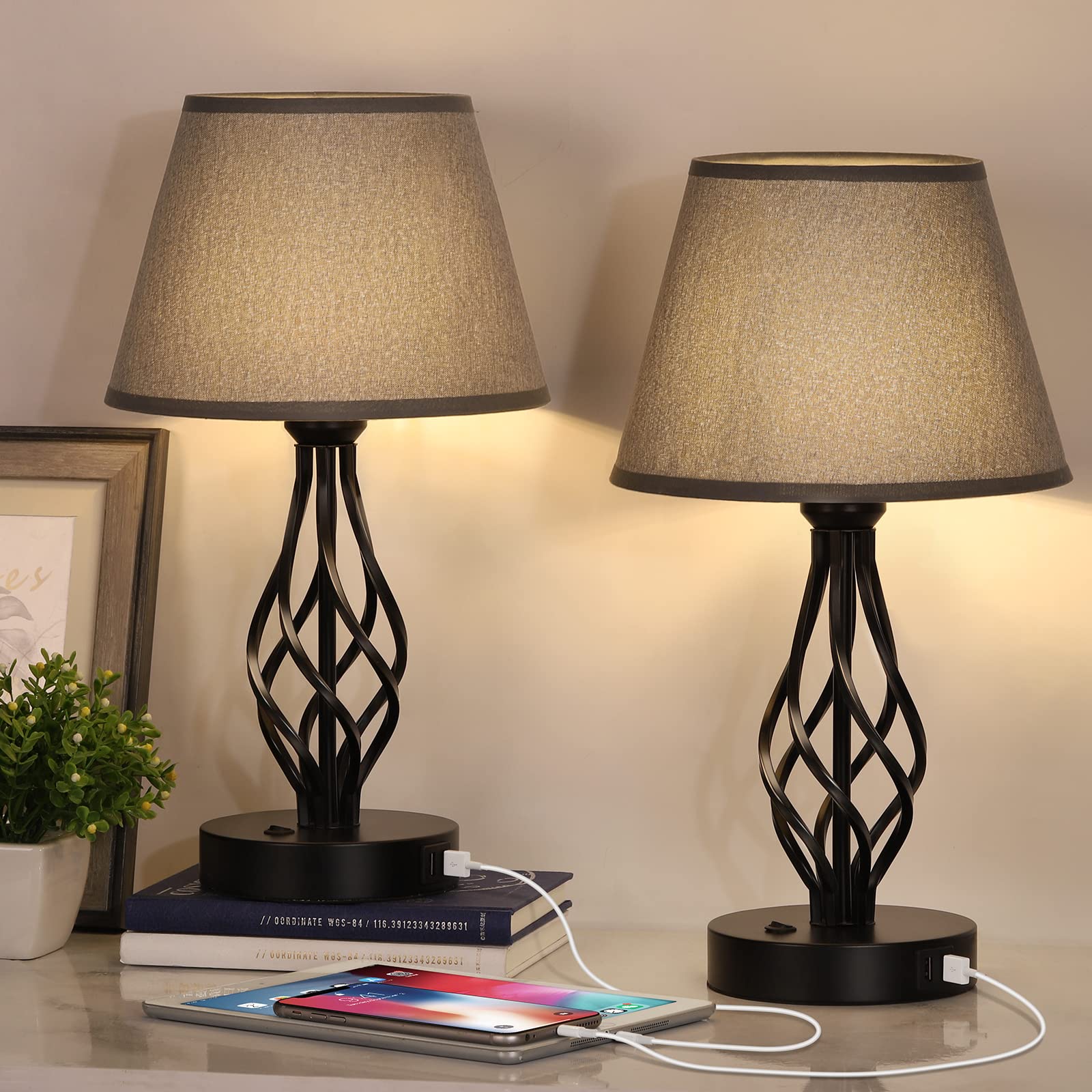 Shinoske 2-Pack Bedside Table Lamps with USB Charging Ports & AC Outlet - Modern Grey Fabric Shade & Metal Base Nightstand Lamps (Bulb Not Included) - Perfect for Bedroom, Living Room, Office & Dorm Decor