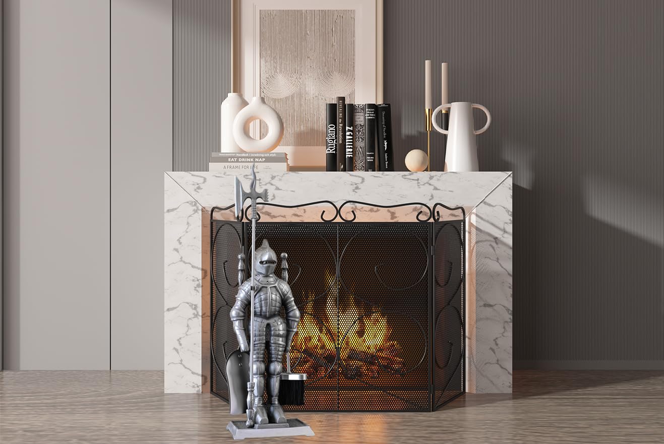 Medieval Knight Fireplace Tools Set - Heavy Duty Cast Iron Fireplace Accessories with Knights Templar & Teutonic Design - Silver Fireplace Decor for Rustic Home, Castle Theme, and Historical Interior Decoration
