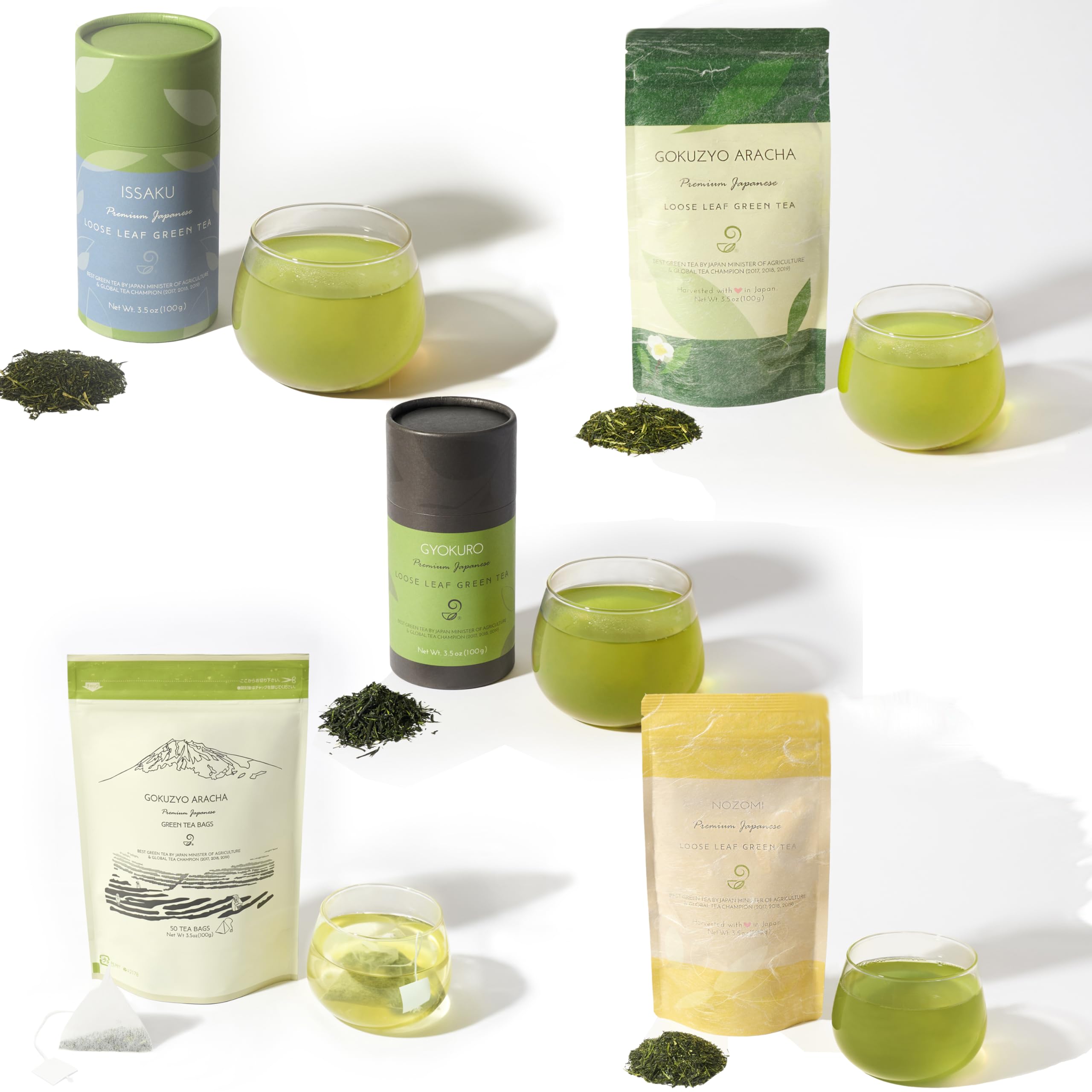 Premium Japanese Green Tea Assortment - Gyokuro, Gokuzyo Aracha, Issaku, Nozomi & Teabag Set - Non-GMO, Delicate Flavor - Perfect for Tea Lovers, Gifts & Relaxation Moments