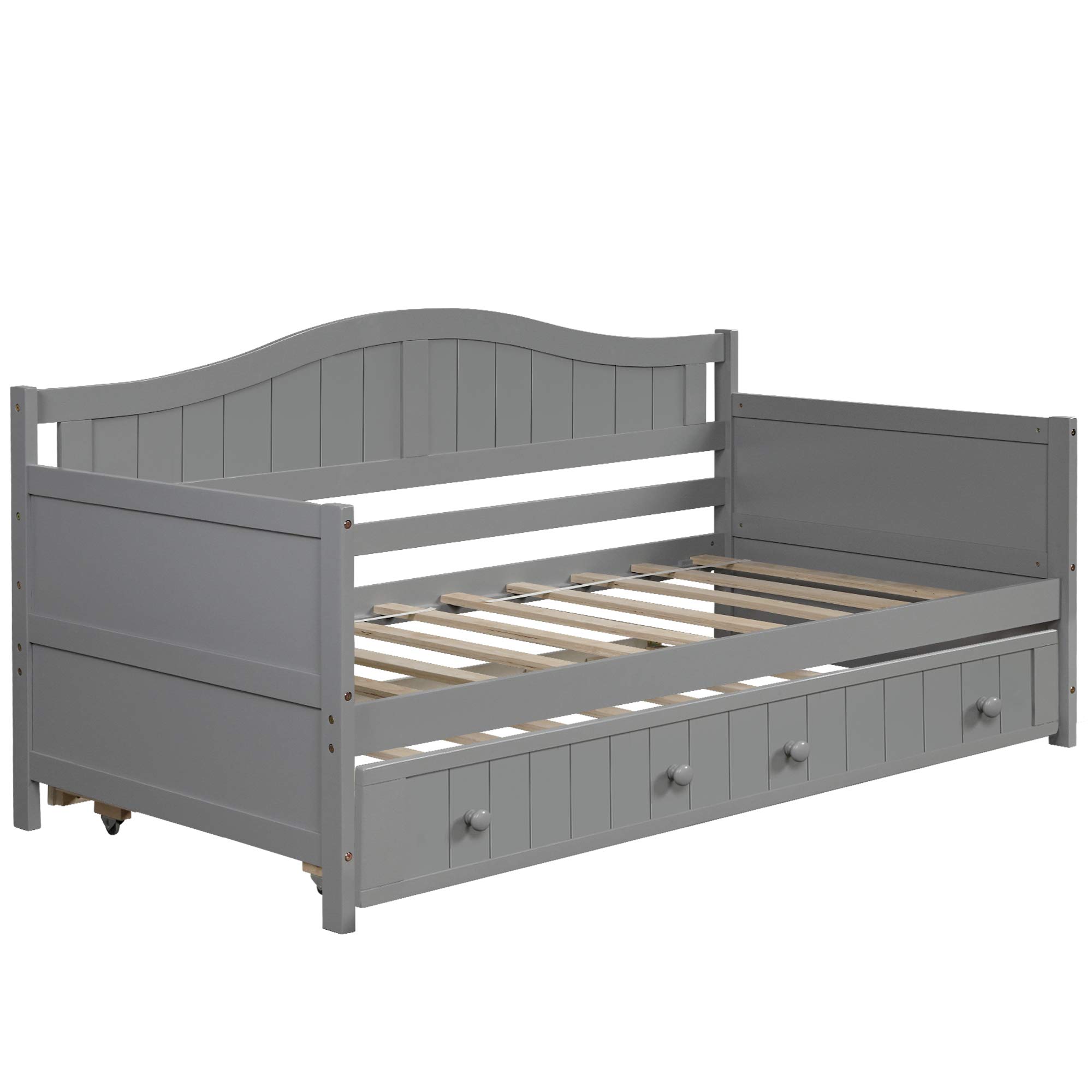 Twin Size Wooden Daybed with Trundle - Convertible Sofa Bed for Kids & Adults, Space-Saving Bed Frame for Bedroom, Living Room or Guest Room - Gray (Fast US Shipping) | Perfect for Small Spaces, Sleepovers & Multi-Purpose Furniture Needs