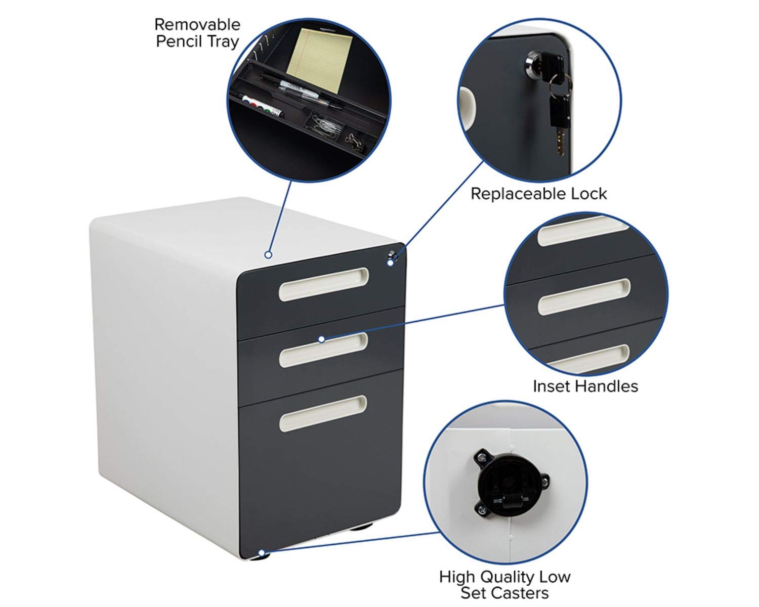 Flash Furniture Wren Ergonomic 3-Drawer Mobile Locking File Cabinet with Anti-Tilt Mechanism - Letter/Legal Size Drawers - White with Charcoal Faceplate - Perfect for Office, Home Office & Workspace Organization