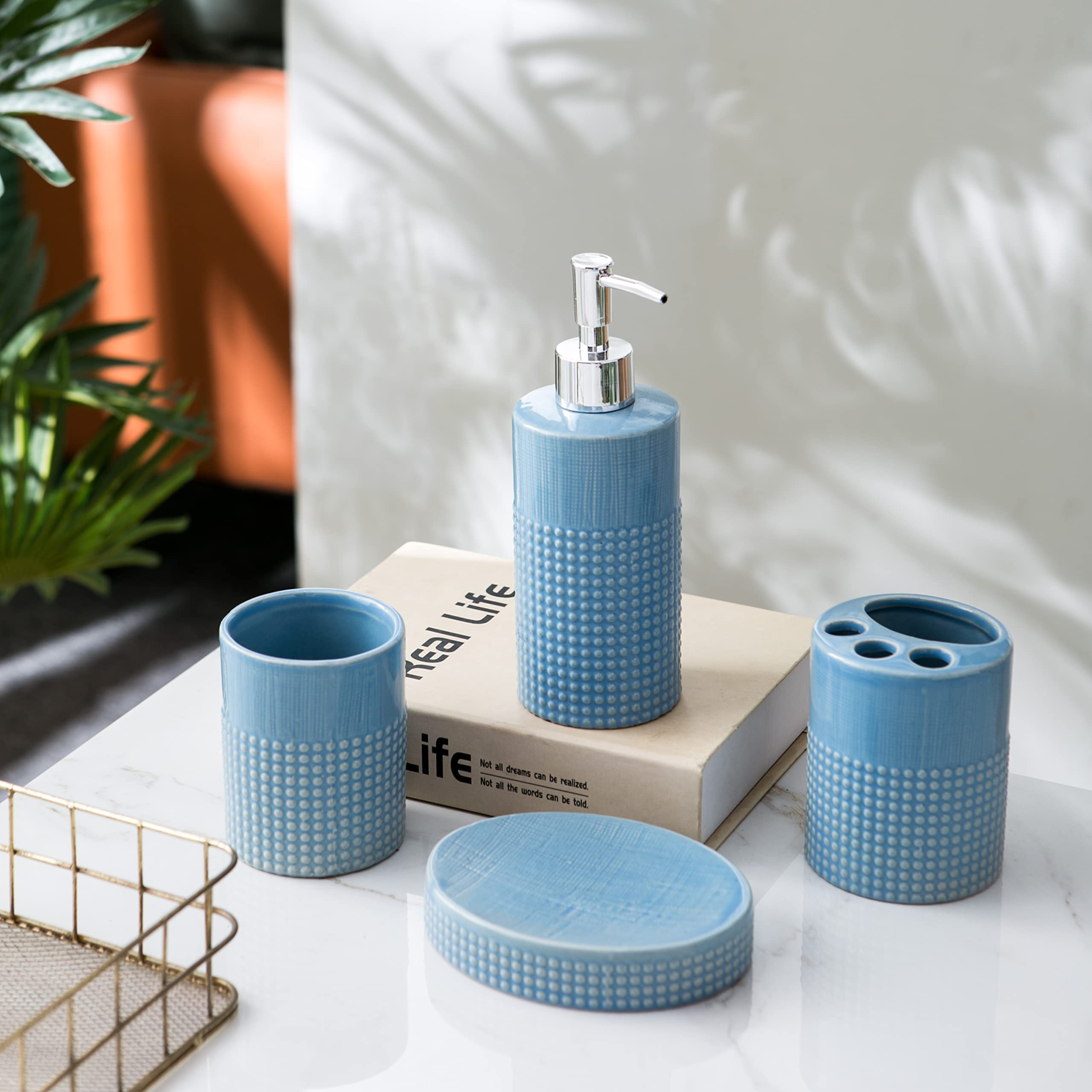 4-Piece Ceramic Bathroom Accessories Set - Soap Dispenser, Toothbrush Holder, Tumbler & Soap Dish | Modern Home Decor for Bathroom, Housewarming Gift (Blue) | Perfect for Guest Bathrooms, Master Suites & Spa-Inspired Spaces