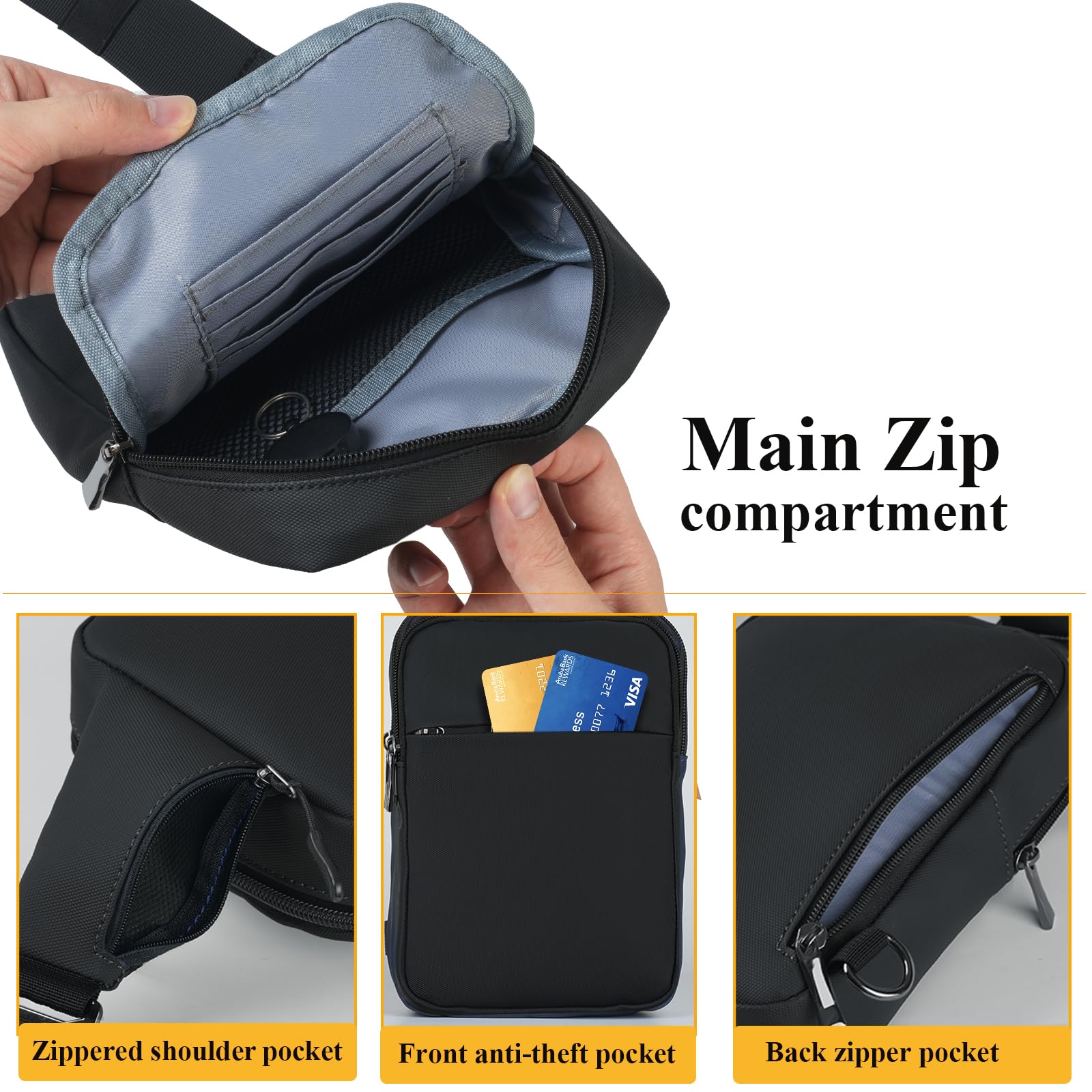 BROADREAM Upgraded Waterproof RFID Blocking Anti-Theft Sling Bag - Lightweight Crossbody Chest Pack for Men & Women (6.1x8.8 Inches) - Perfect for Travel, Gym, Hiking, Running & Daily Commute - Black