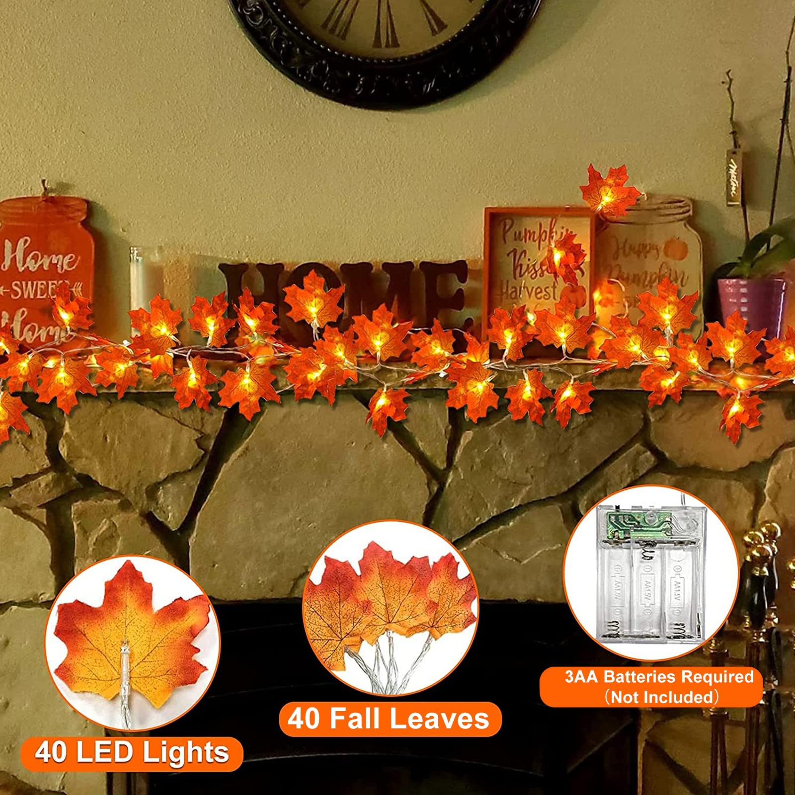 40 LED Thanksgiving Lights Outdoor - 16.4 Ft Fall Garland with Maple Leaves Design, Battery Operated Waterproof Decor for Thanksgiving, Autumn Parties, Porch, Yard & Garden Decoration