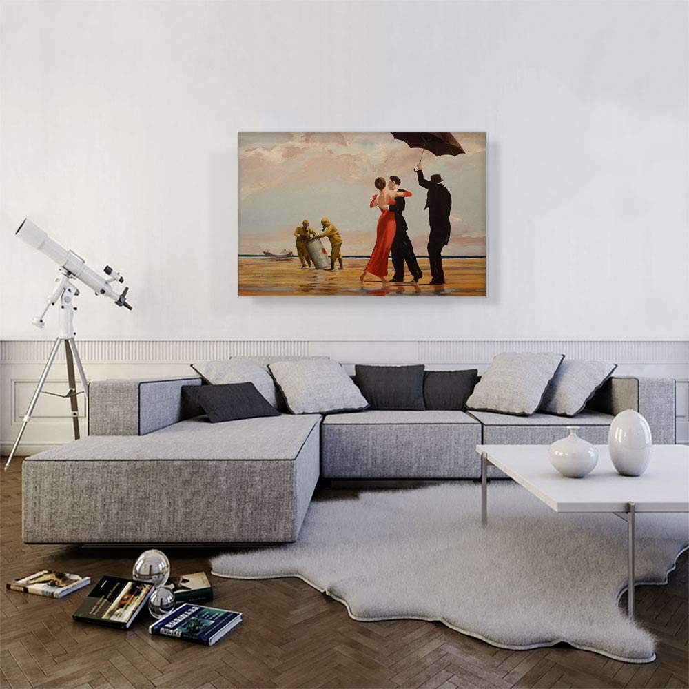 Banksy Toxic Beach Crude Oil Canvas Art Print - 40x26 Inch Framed Wall Decor, Stretched Giclee Painting, Dancing Butler Poster - Perfect for Living Room, Office & Modern Home Decor