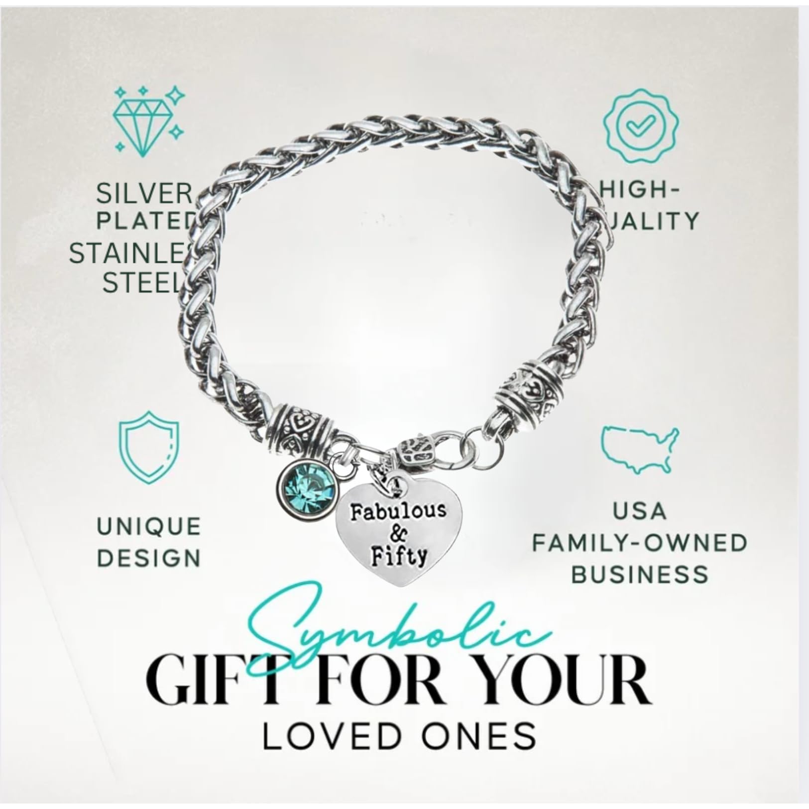 50th Birthday Charm Bracelet with Birthstone - Elegant 50th Birthday Gifts for Women, Fabulous & Fifty Jewelry - Perfect for Anniversary, Mother's Day & Special Occasions