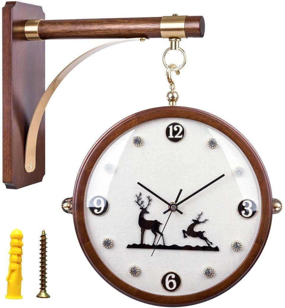 Vintage Wooden Double Sided Wall Clock - Silent Quartz Movement, Indoor/Outdoor Hanging Station Clock for Garden, Home, Office Decor (Black Deer Design) - Perfect for Farmhouse, Patio & Living Room Décor