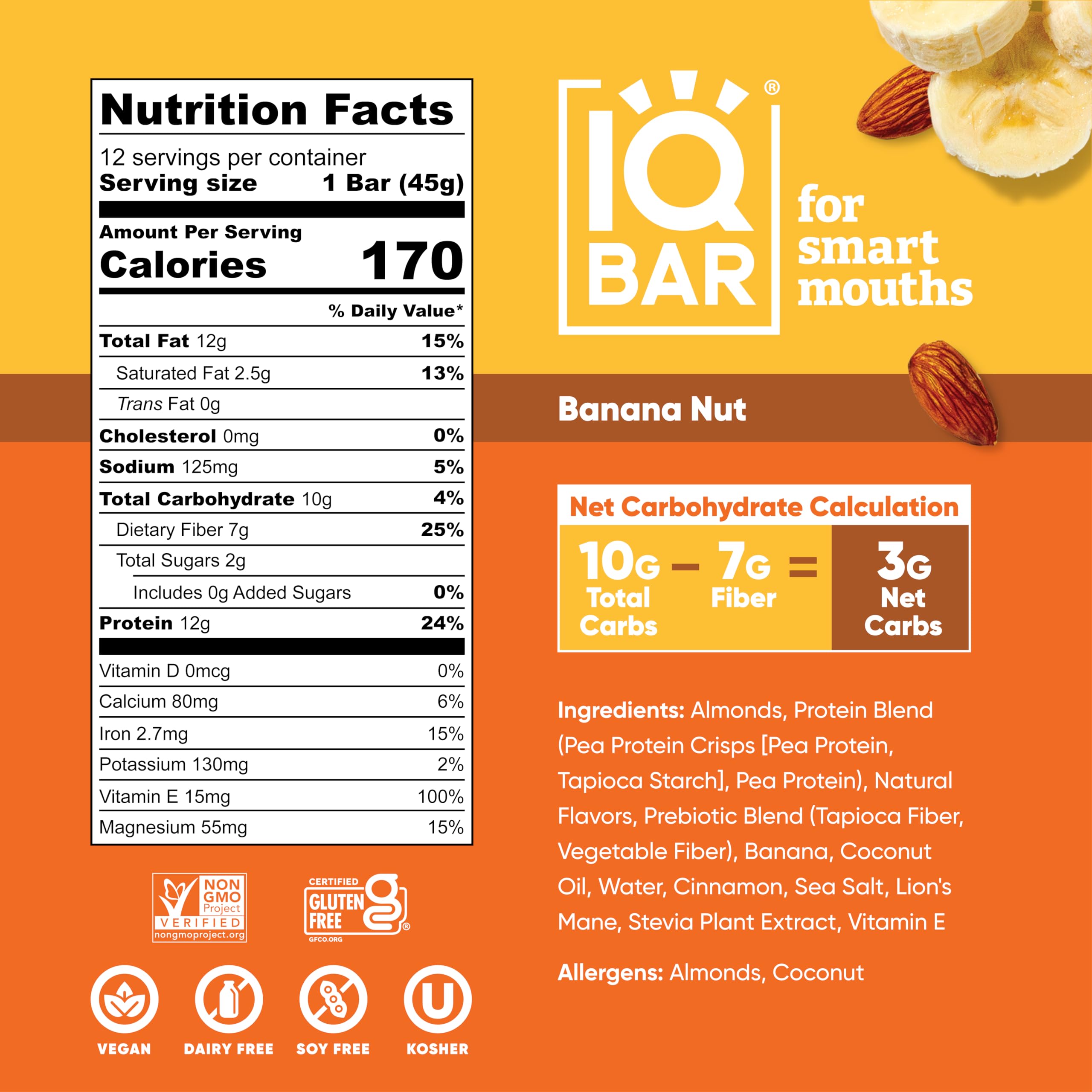 IQBAR Brain and Body Plant Protein Bars - Banana Nut Flavor - 36 Count | Low Carb, Gluten Free, Vegan Snacks | High Fiber, Low Sugar Meal Replacement | Perfect for Workouts, Travel & Healthy On-the-Go Nutrition
