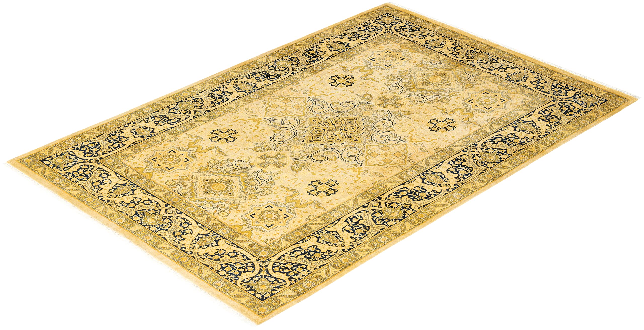 Handmade Wool Oriental Mogul Ivory 6x9 Area Rug - Traditional Hand-Knotted One-of-a-Kind Solo Rugs for Living Room, Bedroom & Dining Room Decor