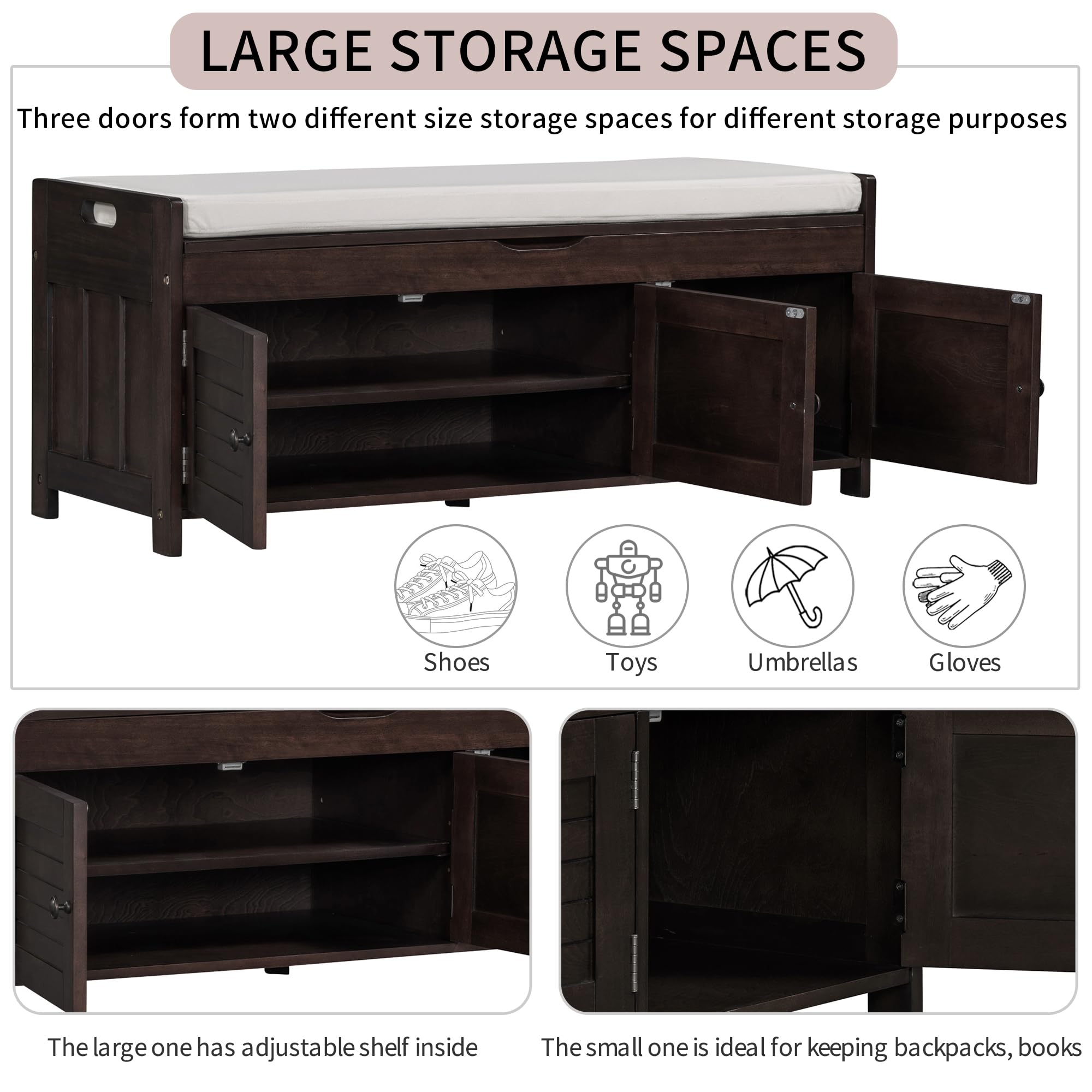 P PURLOVE Storage Bench with Removable Cushion - 3 Shutter Doors & Hidden Compartment - Entryway Bench for Living Room, Hallway, Bedroom - Espresso Finish for Home Organization & Decor