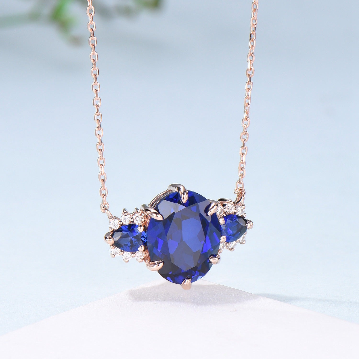 8x10mm Oval Blue Sapphire Pendant Necklace - Vintage Rose Gold Pear Cut Jewelry for Women - Perfect Christmas Gift, Anniversary Present & Everyday Elegance