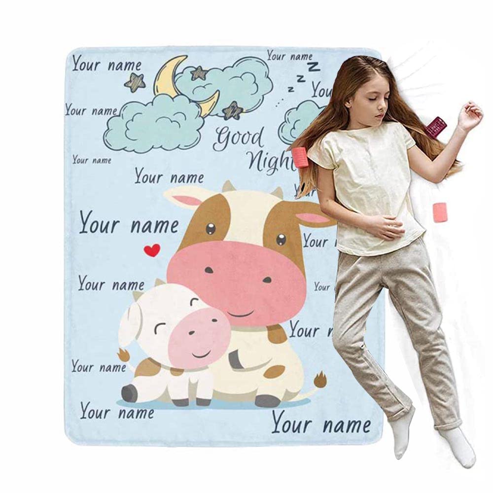 Personalized Cow Blanket with Baby Name - Custom Fleece Throw Blanket for Girls & Boys - Soft Cozy Plush Blanket for Kids Bedroom, Nursery, Couch - Perfect Baby Shower Gift & Birthday Present