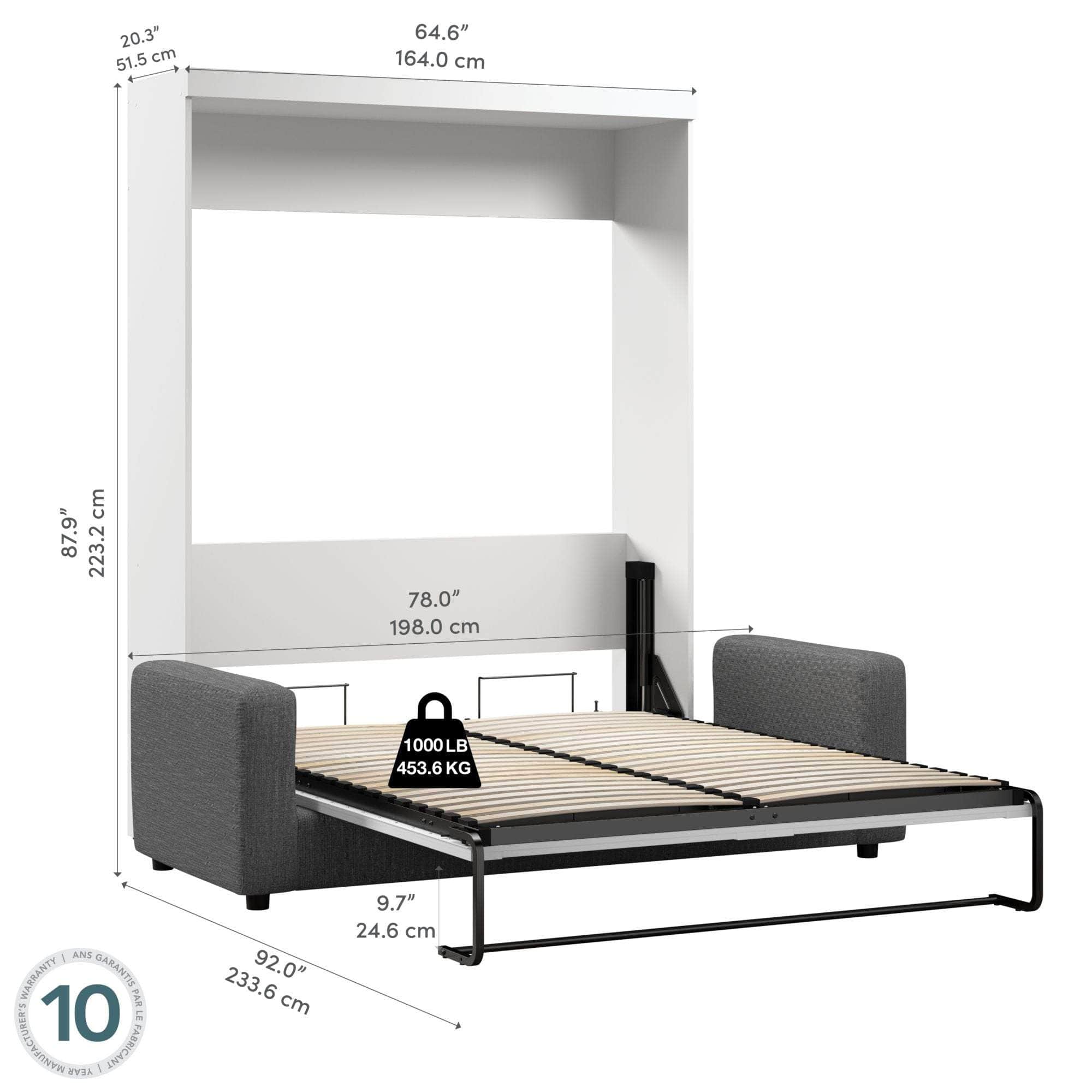 Queen Murphy Wall Bed with Sofa in White - Space-Saving Foldable Bed for Small Apartments, Guest Rooms & Home Offices