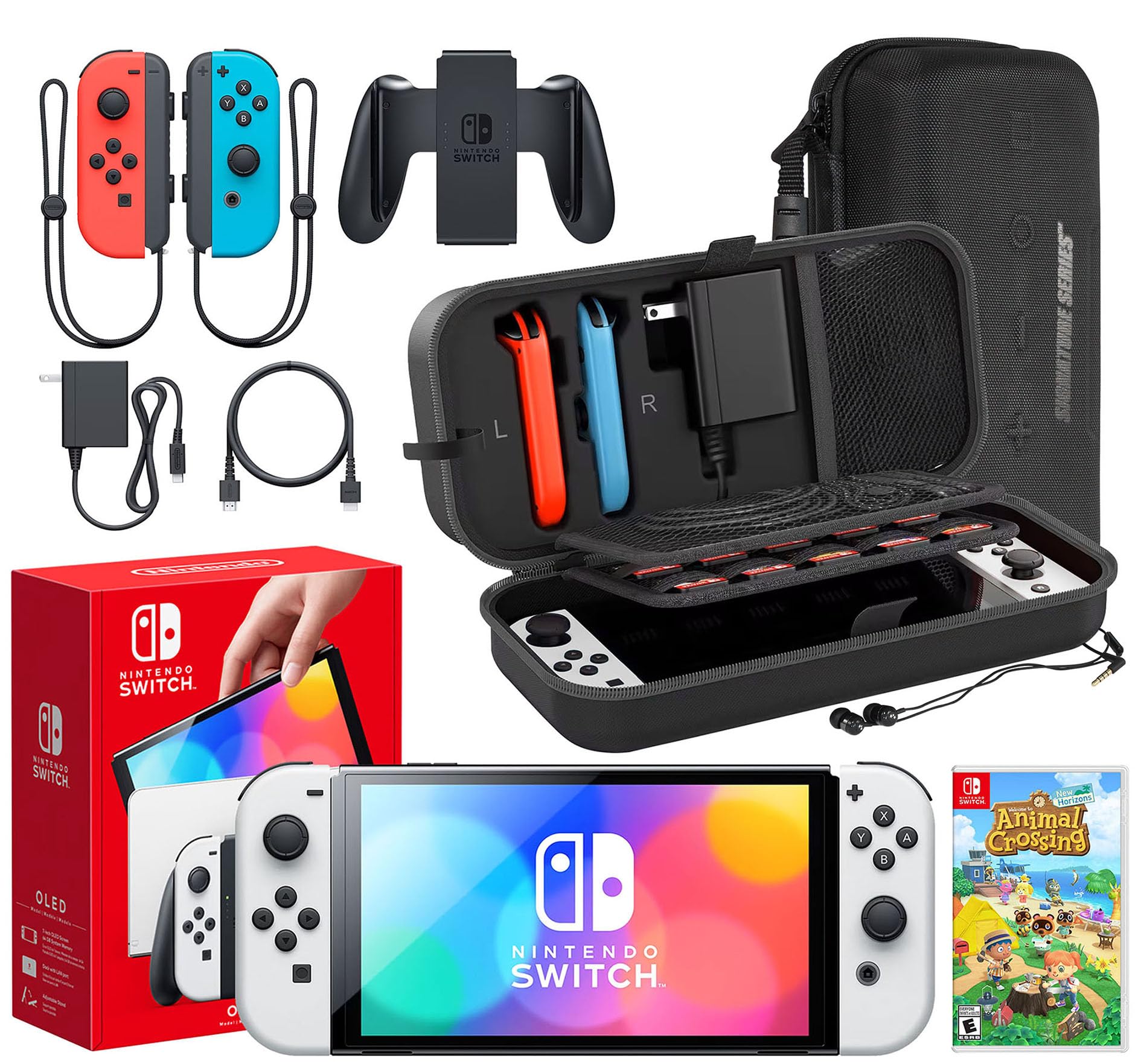 Nintendo Switch OLED Model (White) Animal Crossing: New Horizons Bundle with Red/Blue Joy-Con, Dock, Grips & Straps | Includes Signature Series Portable Case & Earphones | Perfect for Gaming at Home, Travel & Multiplayer Fun
