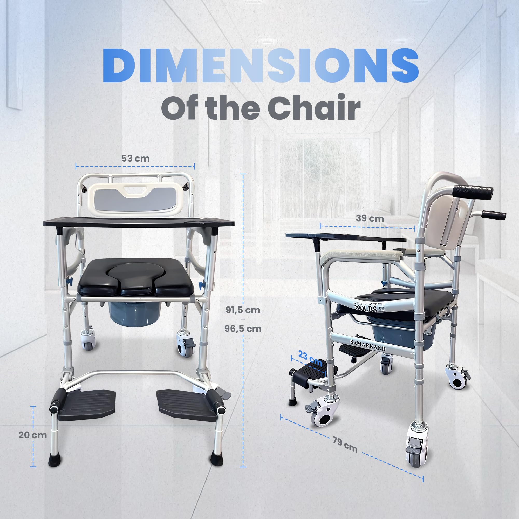 3-in-1 Wheeled Shower Commode Chair with Arms & Removable Tray - Adjustable Height Bathroom Safety Seat for Elderly & Disabled Adults - Ideal for Toilet, Shower & Mobility Assistance - Durable Medical Commode Wheelchair (Silla de Ruedas para Adultos)