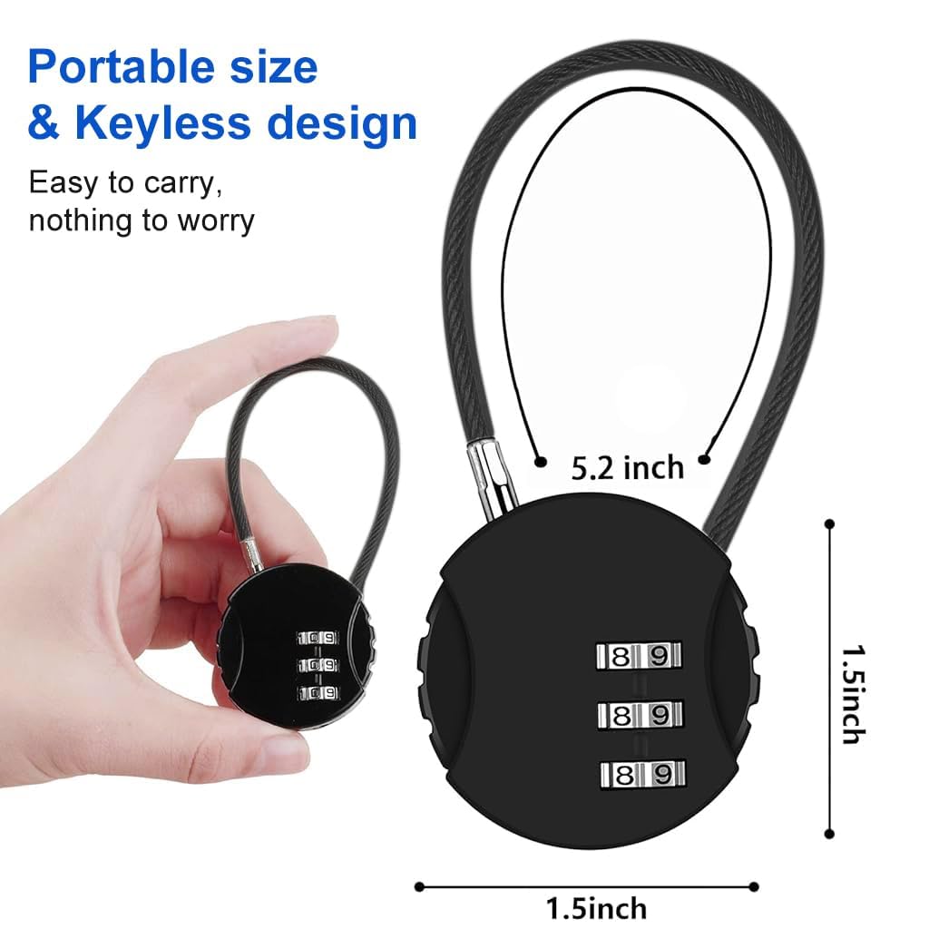 2-Pack 3-Digit Combination Cable Padlock for Suitcases, Luggage, Bags & Lockers - Black & Silver Travel Security Locks - Perfect for Airports, Gyms, School Lockers & Storage Units