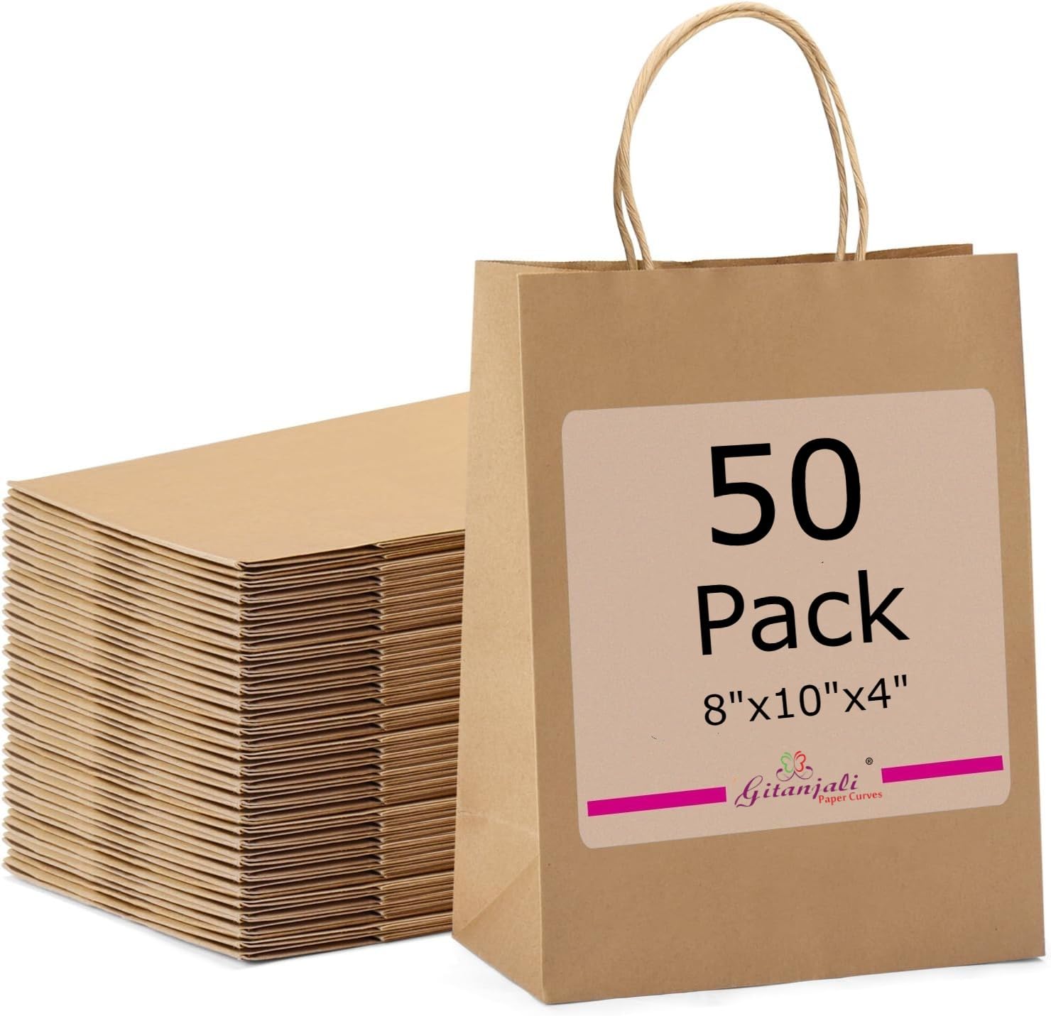 Eco-Friendly Kraft Paper Bags 8x10x4 Inches (Brown) - 50 Pack Small Shopping Retail Carry Bags, Recycled Disposable Gift Bags for Merchandise, Crafts & Parties - Perfect for Retail Stores, Gift Wrapping & Eco-Conscious Shopping