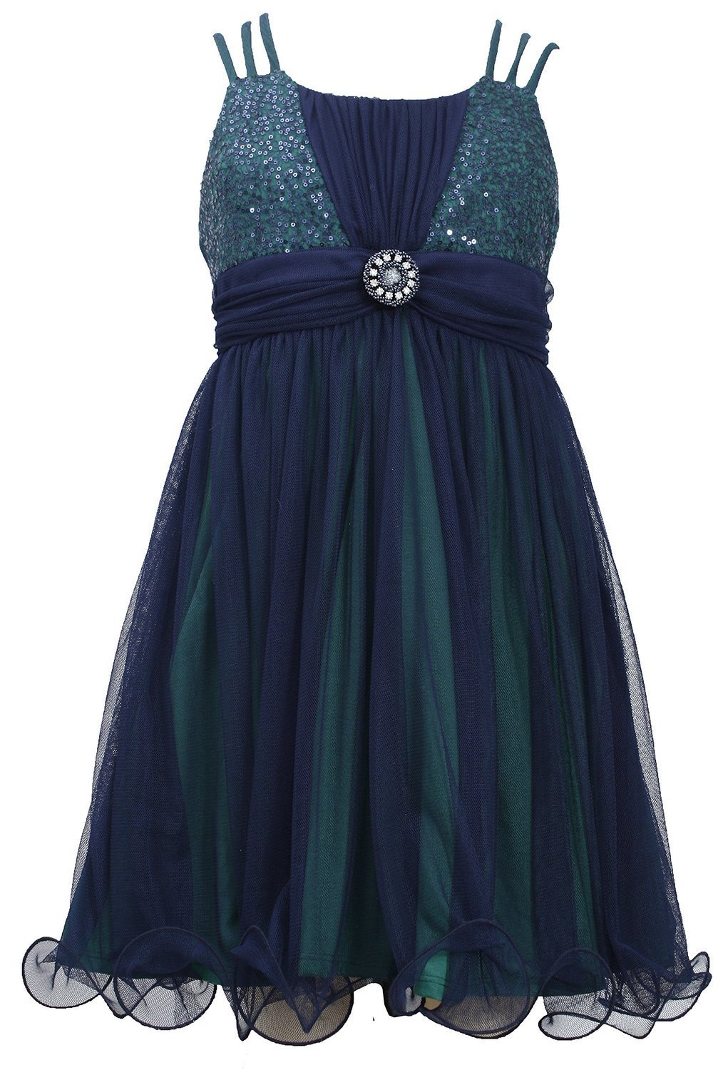Bonnie Jean Girls' Sparkly Sequined Party Dress for Tweens 7-16 - Navy Blue & Green Triple Strap Formal Gown for Dances, Weddings & Special Occasions