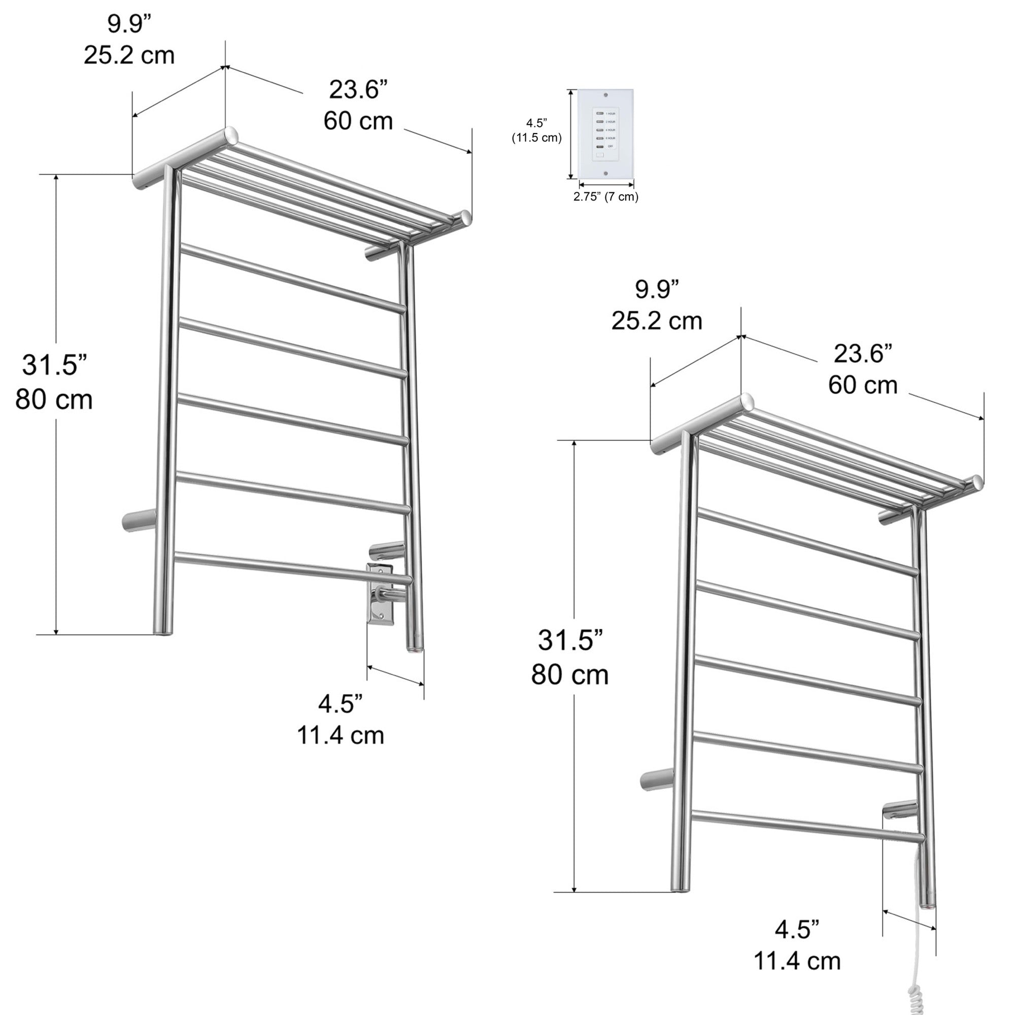 Ancona Miazzo 5 Bar Plug-In & Hardwire Bathroom Towel Warmer with Shelf & Timer - Polished Stainless Steel - Perfect for Spa, Luxury Home & Hotel Bathrooms
