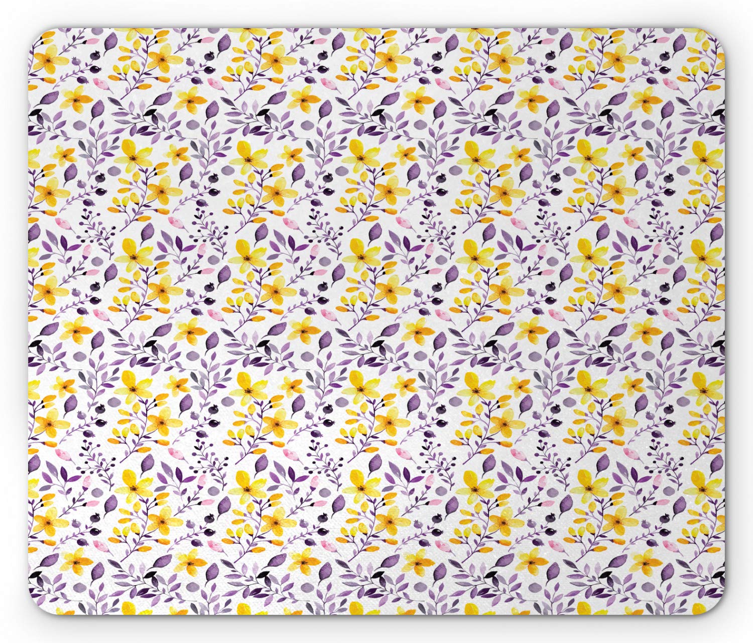 Ambesonne Floral Mouse Pad - Non-Slip Rubber Base with Spring Flowers and Leaves Design, Standard Size Rectangle Computer Mousepad in Yellow, Purple & White | Perfect for Office, Gaming & Home Workspace