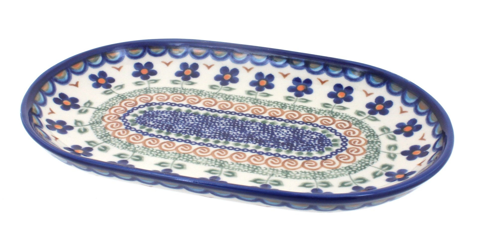 Handmade Blue Rose Polish Pottery Aztec Flower Small Oval Dish - Decorative Trinket Tray for Jewelry, Keys & Coins | Perfect for Home Decor, Gift Giving & Boho Style Kitchens