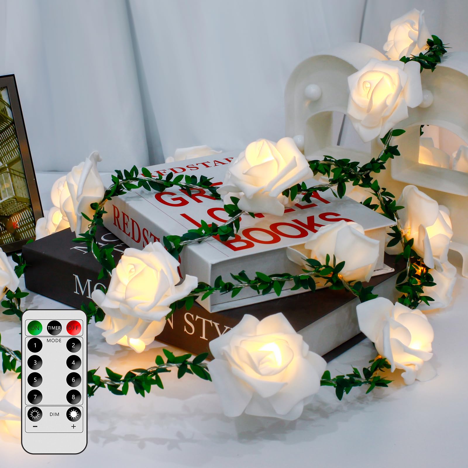 VIPMOON 10Ft Rose Vine Fairy String Lights - Battery Powered with Remote Control & 8 Lighting Modes, Warm White Indoor/Outdoor Decorative Lights for Wedding, Birthday Party, Mother's Day, Garden, Bedroom, Patio Decor