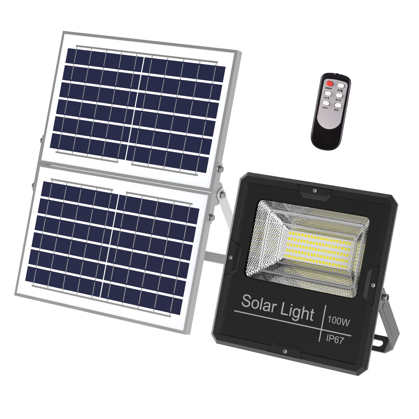 KCCCT 100W LED Solar Flood Lights 2000LM 6500K with Motion Sensor & Remote Control - IP65 Waterproof Outdoor Security Light for Garden, Yard, Driveway, and Backyard (Automatic Dusk-to-Dawn Photocell)