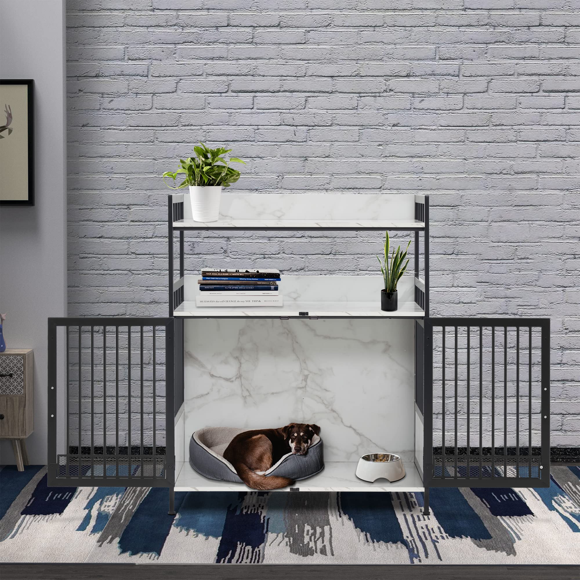 MCombo Heavy Duty Wooden Dog Crate with Storage Shelves - Triple Door Pet House Indoor, Furniture Style End Table for Dogs (White) - Perfect for Living Room, Bedroom & Home Decor