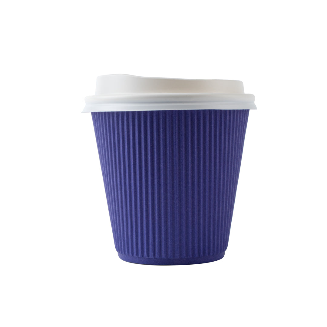 8 oz Royal Purple Ripple Wall Coffee Cups with White Lids - 3.5