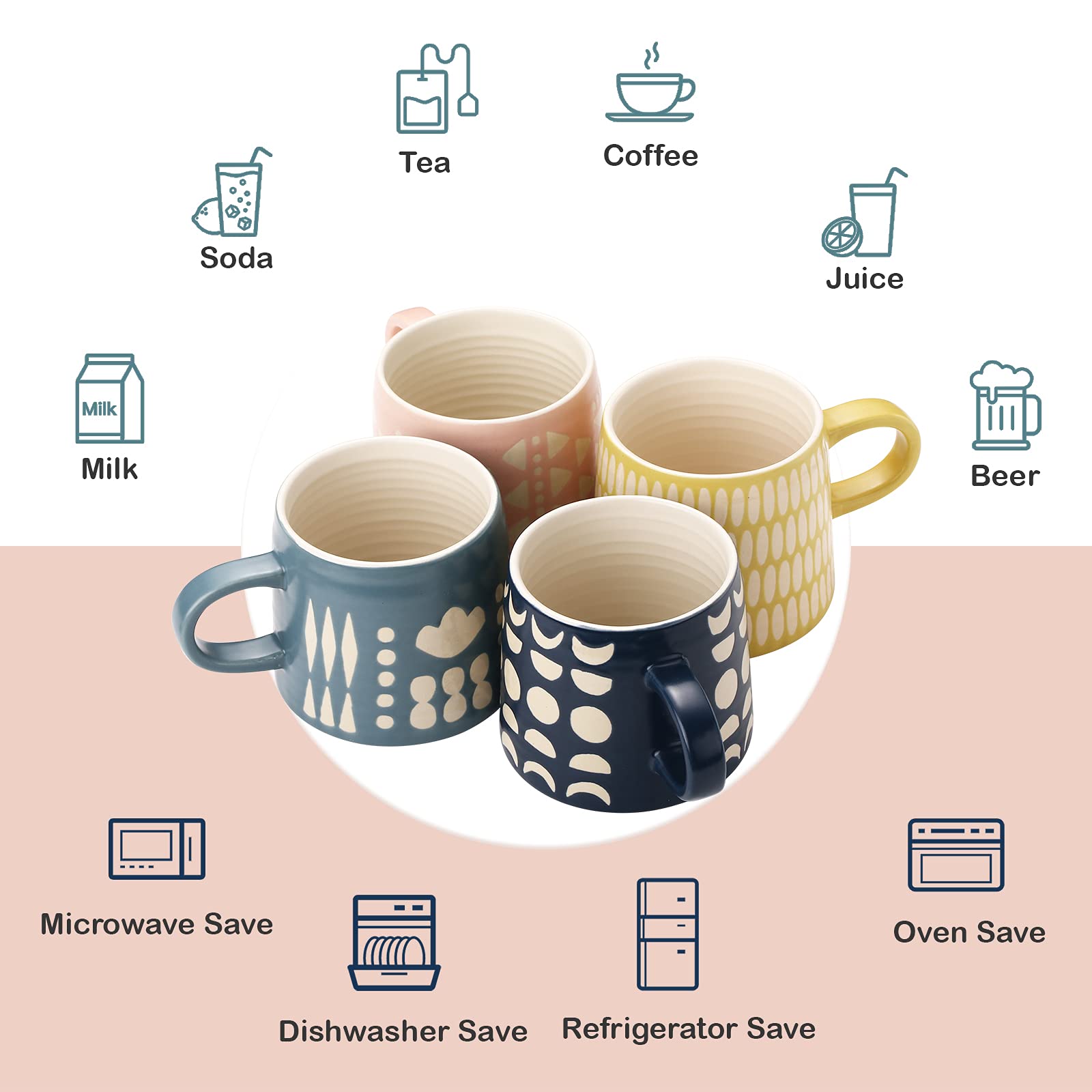 YouPeng 14oz Ceramic Coffee Mug with Relief Design - Large Durable Coffee Cup with Handle for Men & Women - Moon Blue - Perfect Gift for Coffee Lovers, Office Use & Home Decor