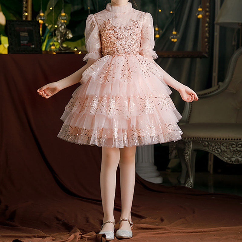 Baby Girl Birthday Dress with Stand Collar, Tulle & Sequins - Elegant Princess Gown for Special Occasions | Perfect for Birthday Parties, Photo Shoots & Formal Events