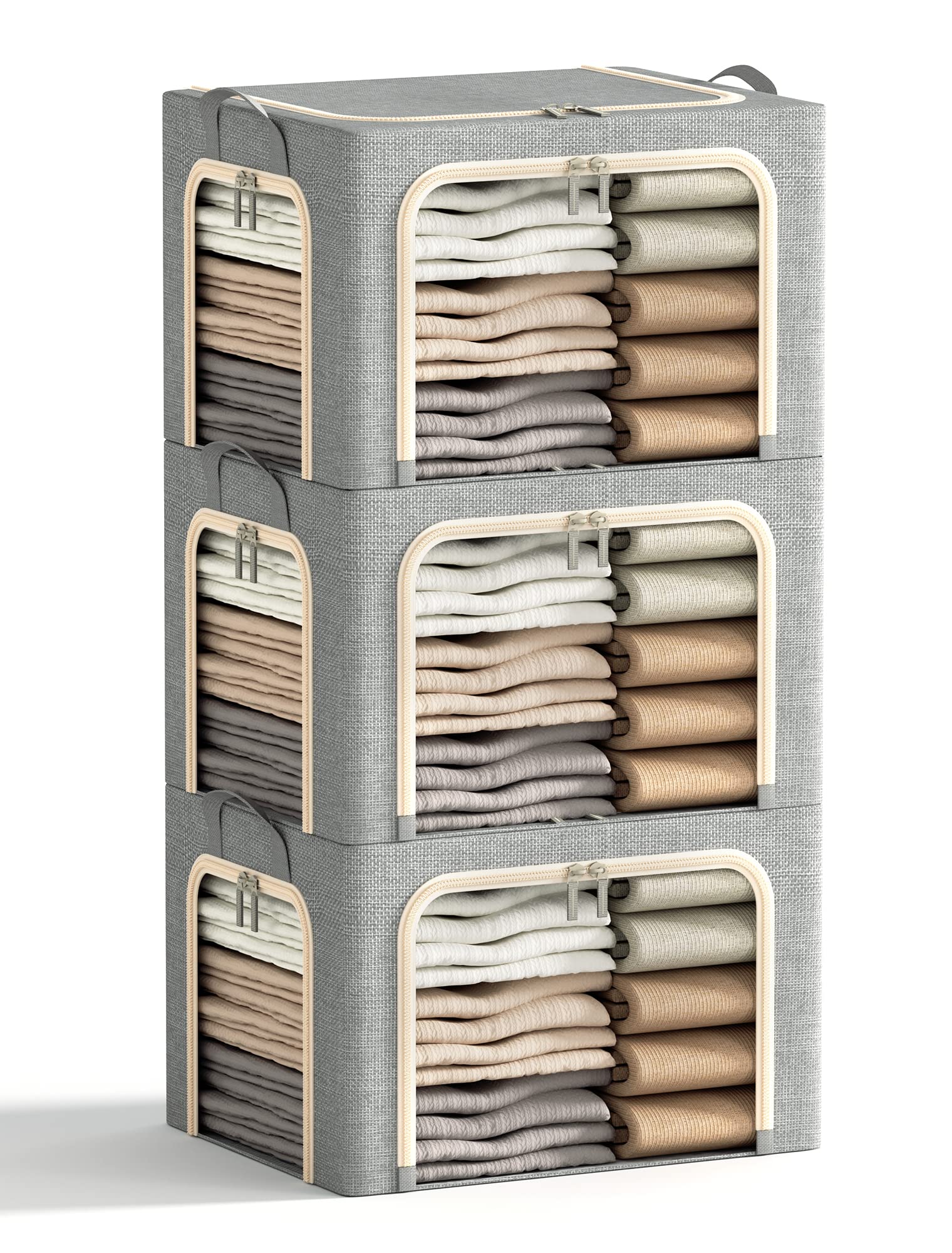 3-Pack Foldable Clothes Storage Bins with Metal Frame & Clear Window - 40L Linen Storage Box with Lid, Zippers & Durable Handles (Light Grey) - Perfect for Closet Organization, Seasonal Clothing Storage & Bedroom Decor