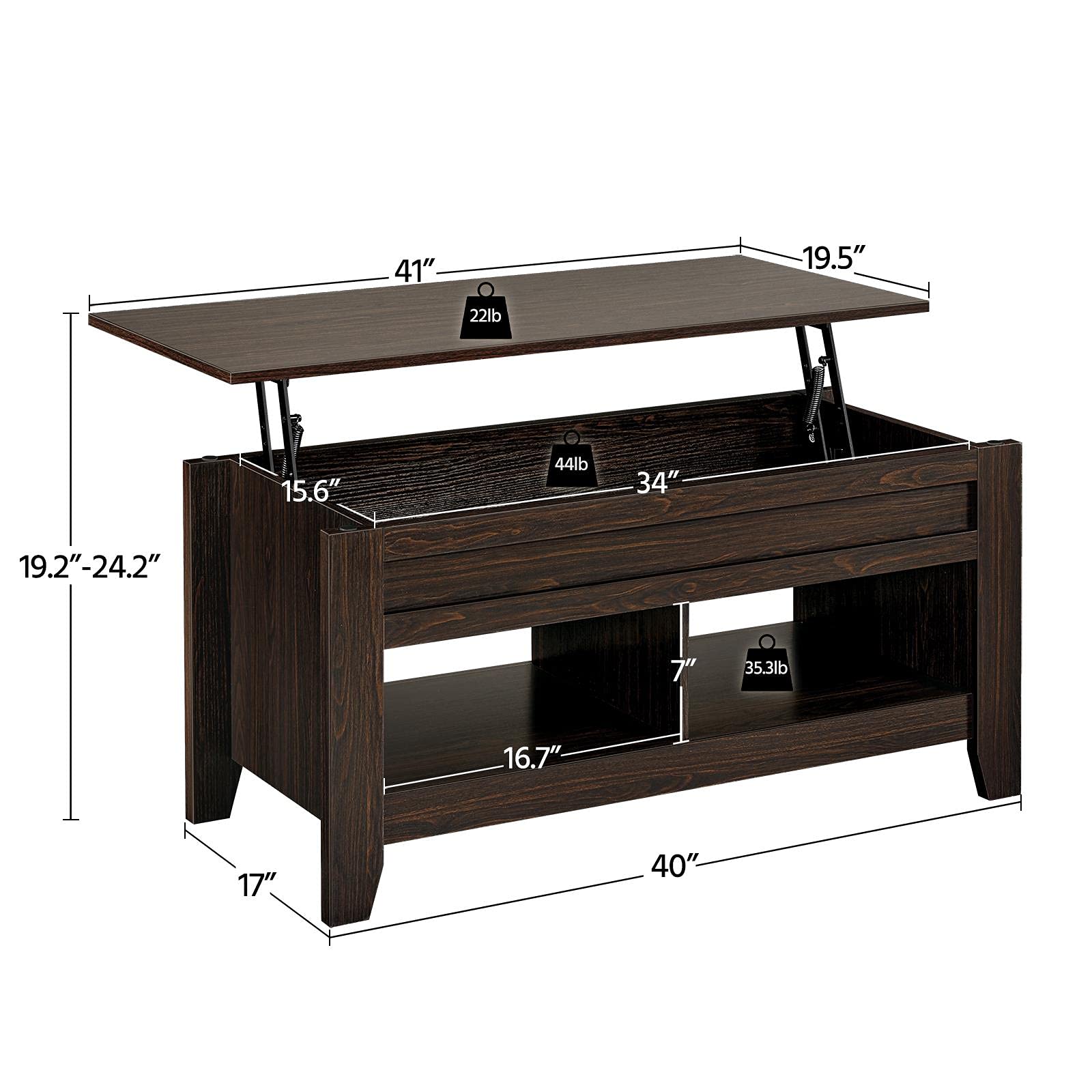 Yaheetech 41-inch Lift Top Coffee Table with Hidden Storage & Lower Shelf - Espresso Lift-Up Tabletop for Living Room, Dining, and Small Spaces