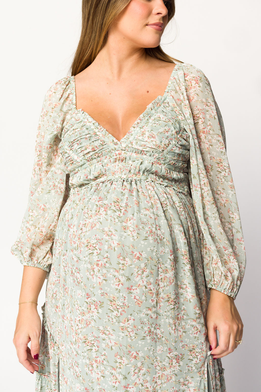 **Daphne Long Sleeve Maxi Dress - Floral Print in Sage, Pink & Ivory | Bump Friendly & Inclusive Sizing (XS-3XL) | Perfect for Maternity, Weddings & Casual Wear**