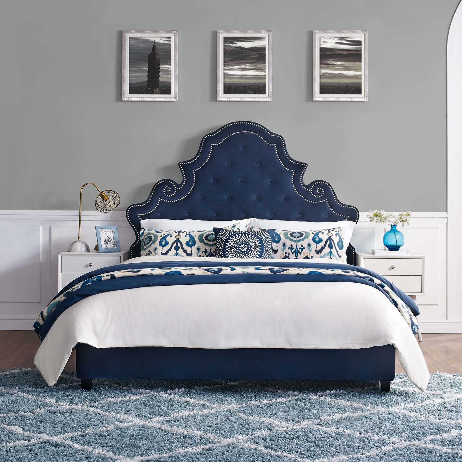 Valentina Tufted Nailhead Performance Velvet Platform Bed Frame - Queen Size Upholstered Bed with Button Tufting for Modern Bedroom Decor