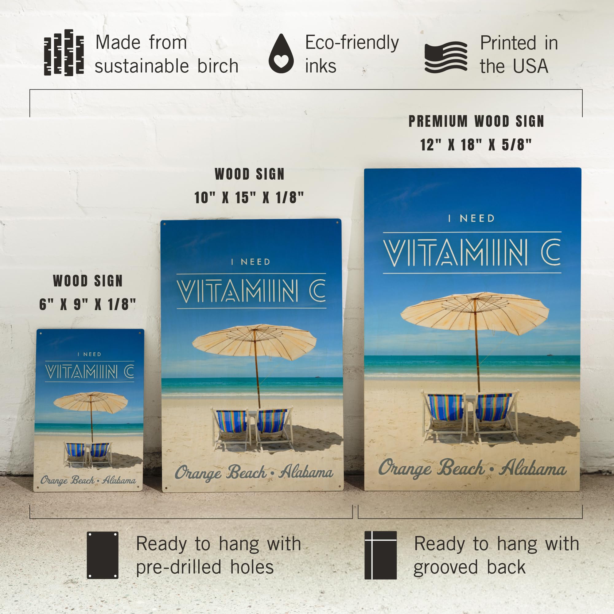 Lantern Press 10x15 Inch Wooden Wall Sign - Ready to Hang Coastal Decor with 'I Need Vitamin C' Design Featuring Beach Chairs & Umbrellas - Perfect for Orange Beach Alabama Themed Rooms, Beach Houses & Vacation Home Decor