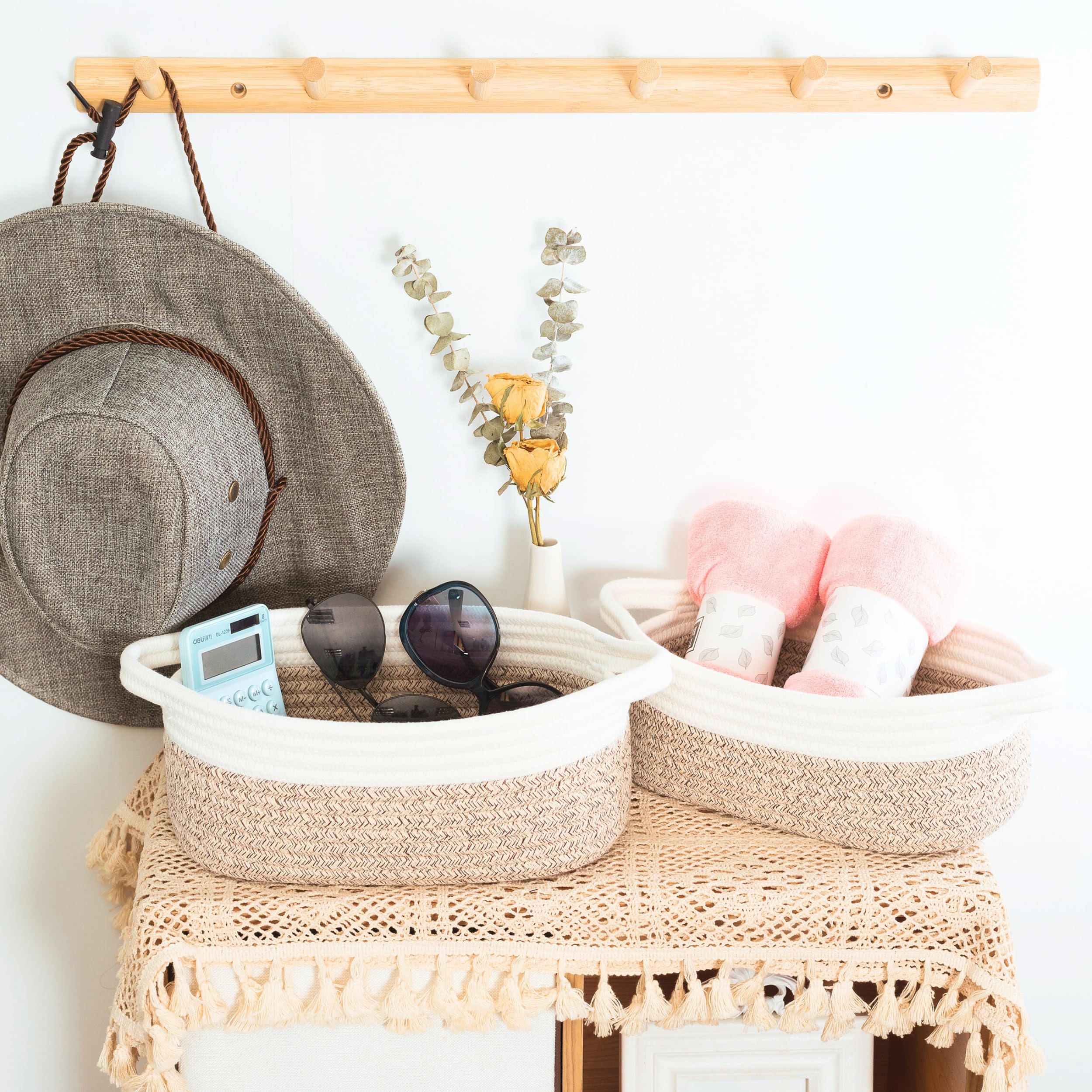 MINTWOOD 5-Piece Woven Storage Basket Set - Small Decorative Organizer for Shelves, Bathroom, Toys & Gifts - Light Brown Dot Pattern - Perfect for Home Organization, Nursery Storage & Pet Supplies