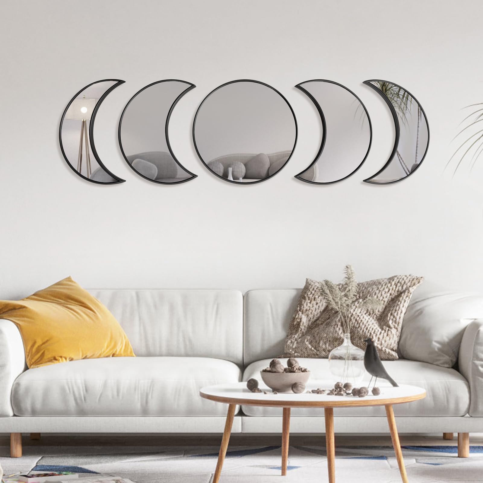 5 PCS Crescent Moon Mirror - 100% Real Glass Boho Decor for Bedroom, Living Room & Apartment - Celestial Wall Art for Aesthetic Home Decor - Perfect for Nursery, Yoga Studio & Meditation Space (Black)