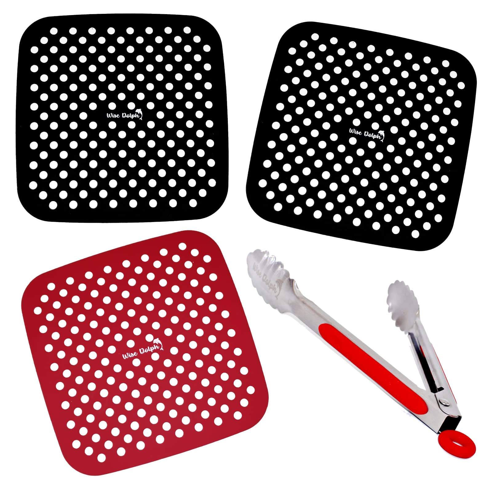 Non-Toxic 8.5 Inch Square Silicone Air Fryer Mat with 7 Inch Red Tongs - Reusable, Dishwasher Safe Air Fryer Liners & Oven Accessories for Healthy Cooking - Perfect for Roasting, Baking, and Air Frying Chicken Wings, Vegetables, and Frozen Snacks