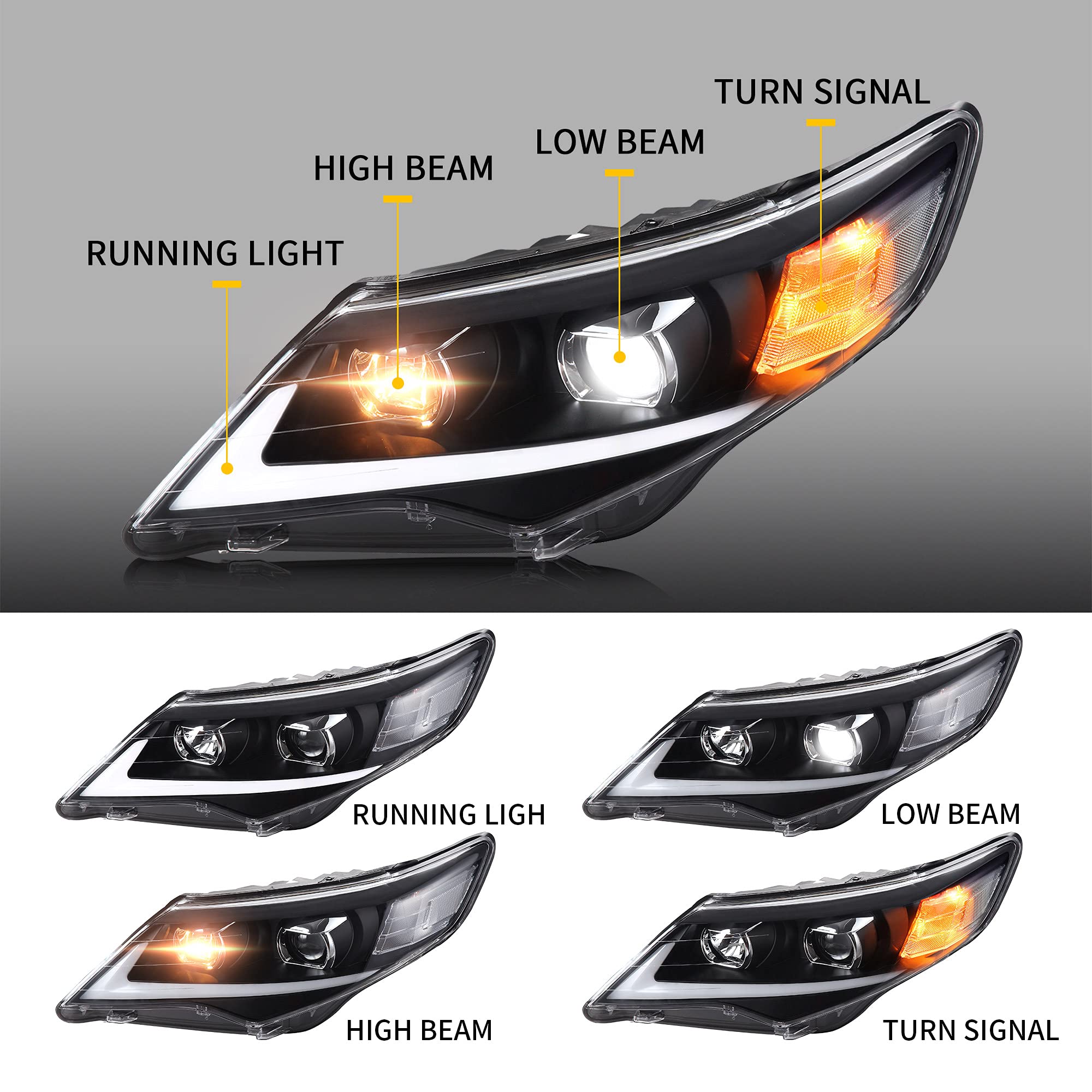 VLAND LED Projector Headlights for Toyota Camry 2012-2014 - Plug & Play LED DRL with Halogen High Beam - Upgrade Your Night Driving Safety & Style