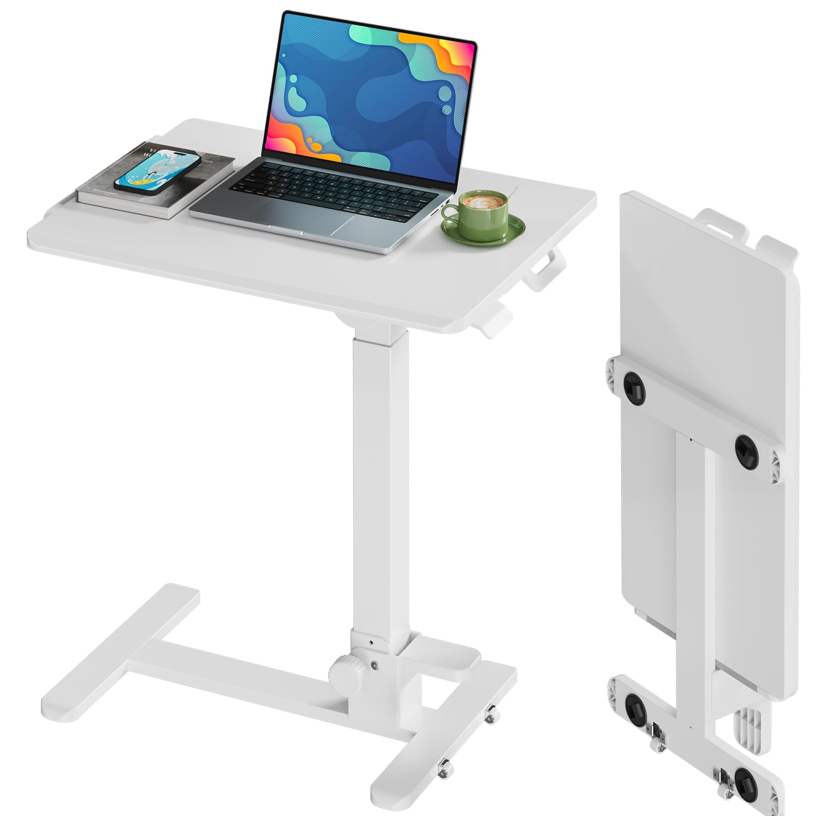 Foldable Mobile Standing Desk - 27 Inch Adjustable Height Rolling Laptop Cart with 90° Tiltable Tabletop, No Assembly Needed Portable Computer Workstation (White) - Perfect for Home Office, Bedroom Study & Small Space Working